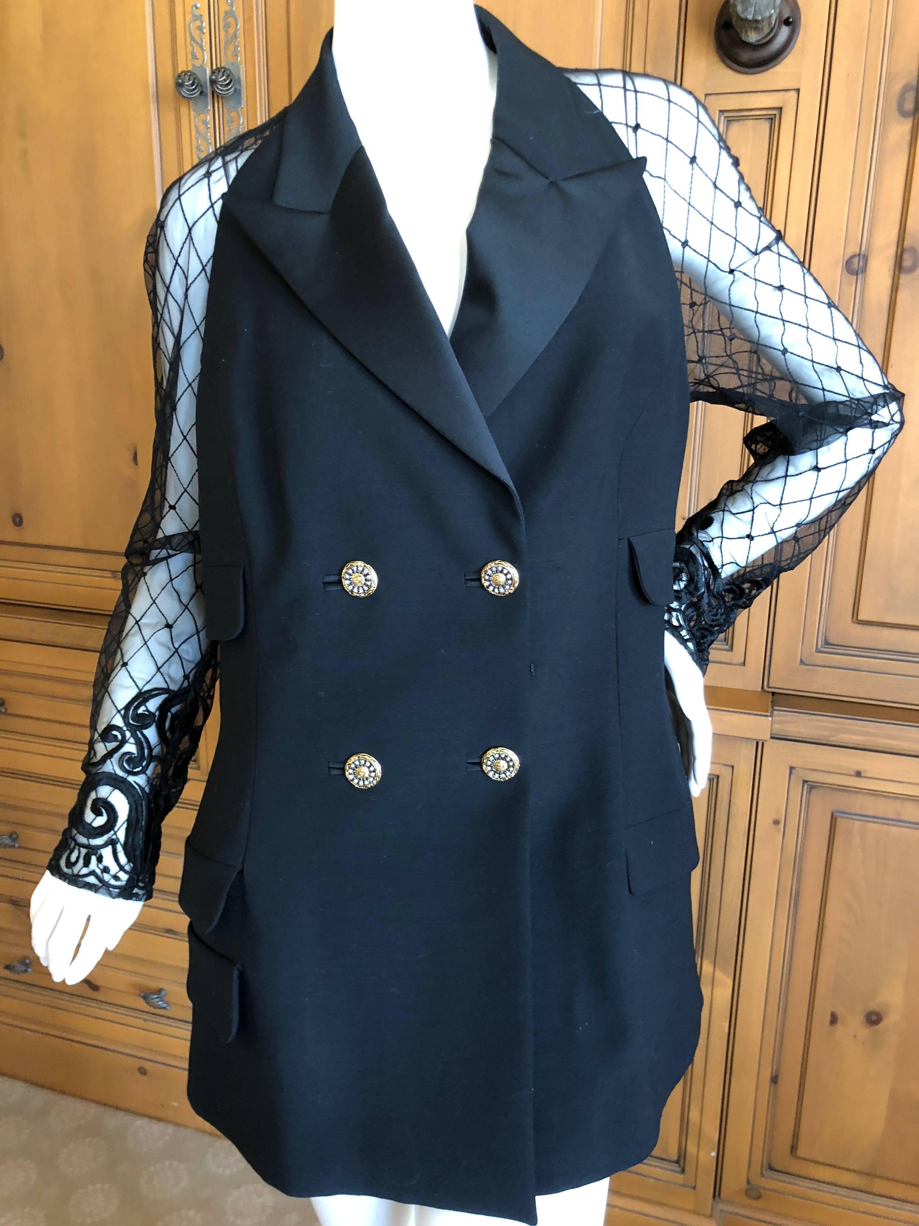  S/S 1994 Gianni Versace Couture Black Tux Jacket Sheer Baroque Lace Back & Sleeves
SO beautiful, perfect gift for  the Versace lover.
 Size 12 
Bust 42