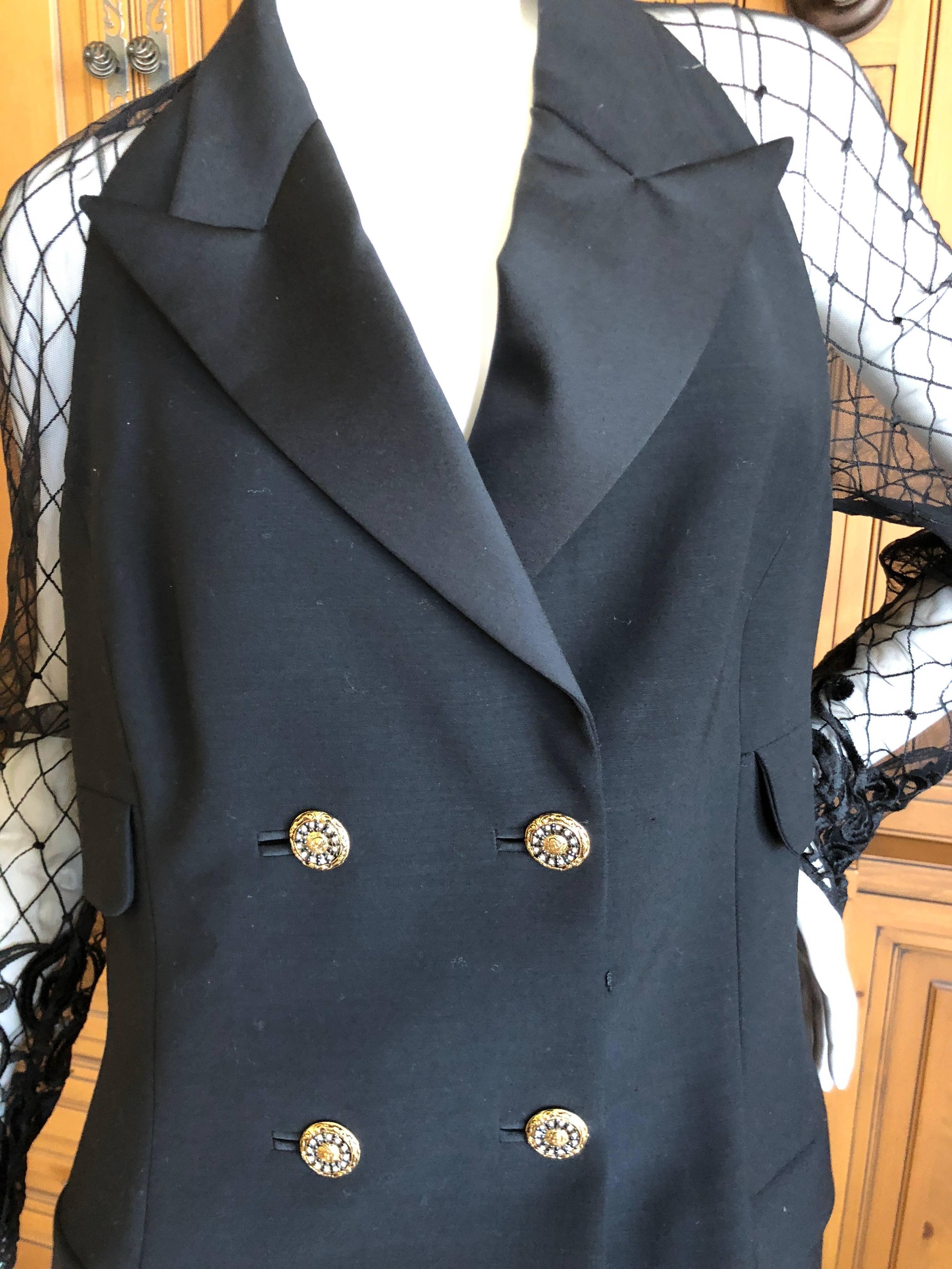 Women's Gianni Versace Couture S 1994 Black Tux Jacket Sheer Baroque Lace Back & Sleeves For Sale