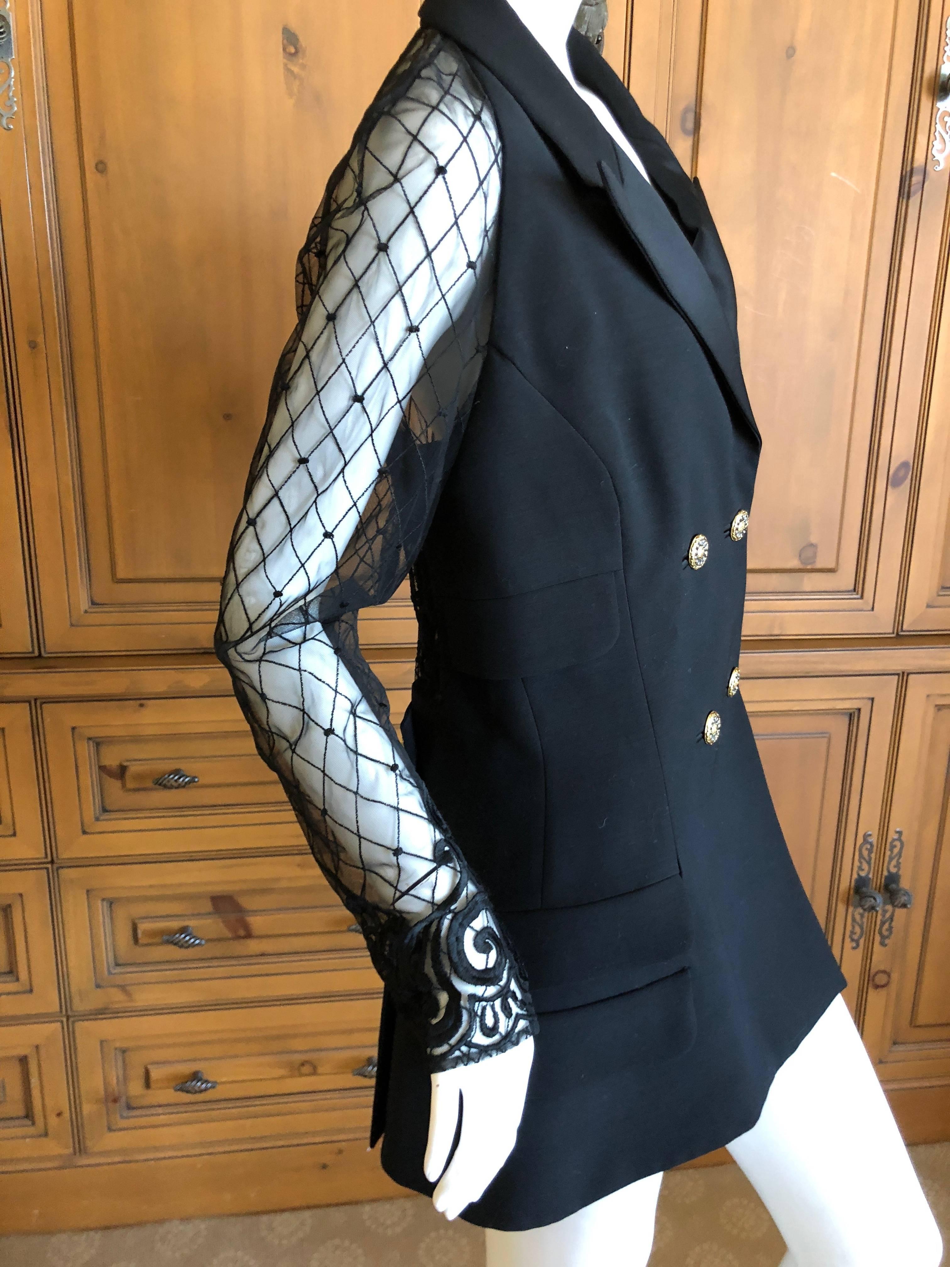 Gianni Versace Couture S 1994 Black Tux Jacket Sheer Baroque Lace Back & Sleeves For Sale 2