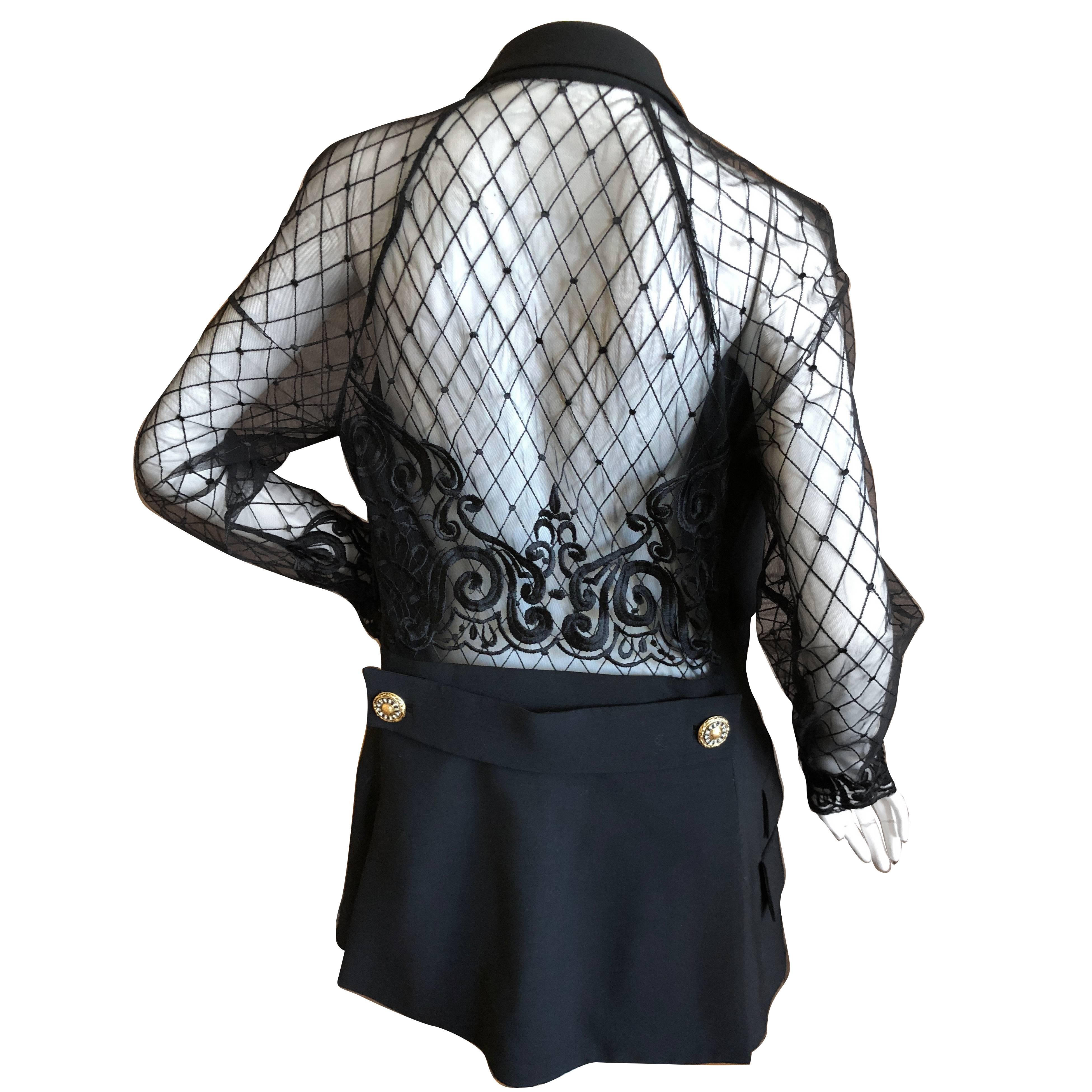 Gianni Versace Couture S 1994 Black Tux Jacket Sheer Baroque Lace Back & Sleeves For Sale