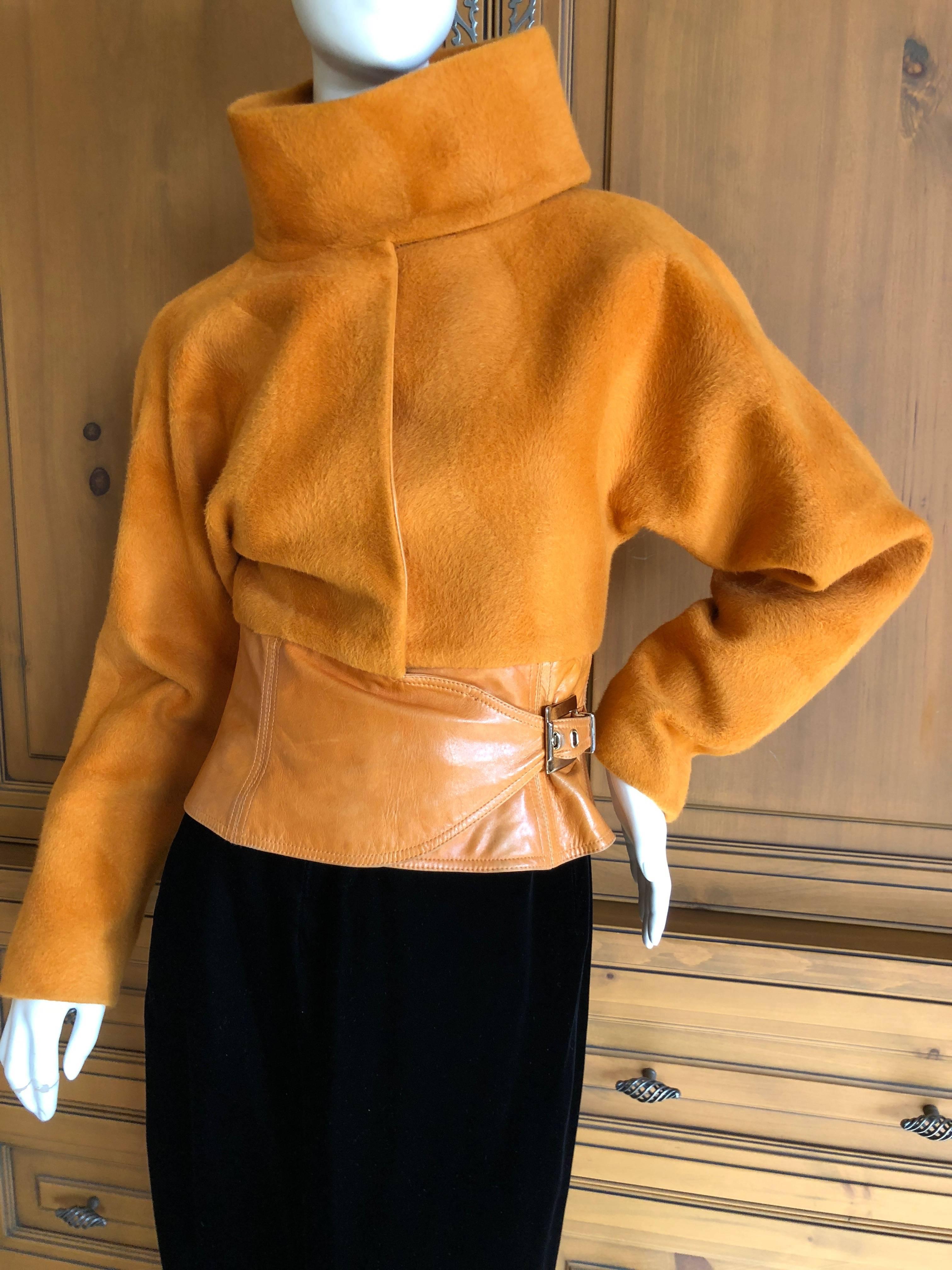 Gianni Versace Couture 1980's Luxurious Orange Wrap Jacket with Leather Trim For Sale 1