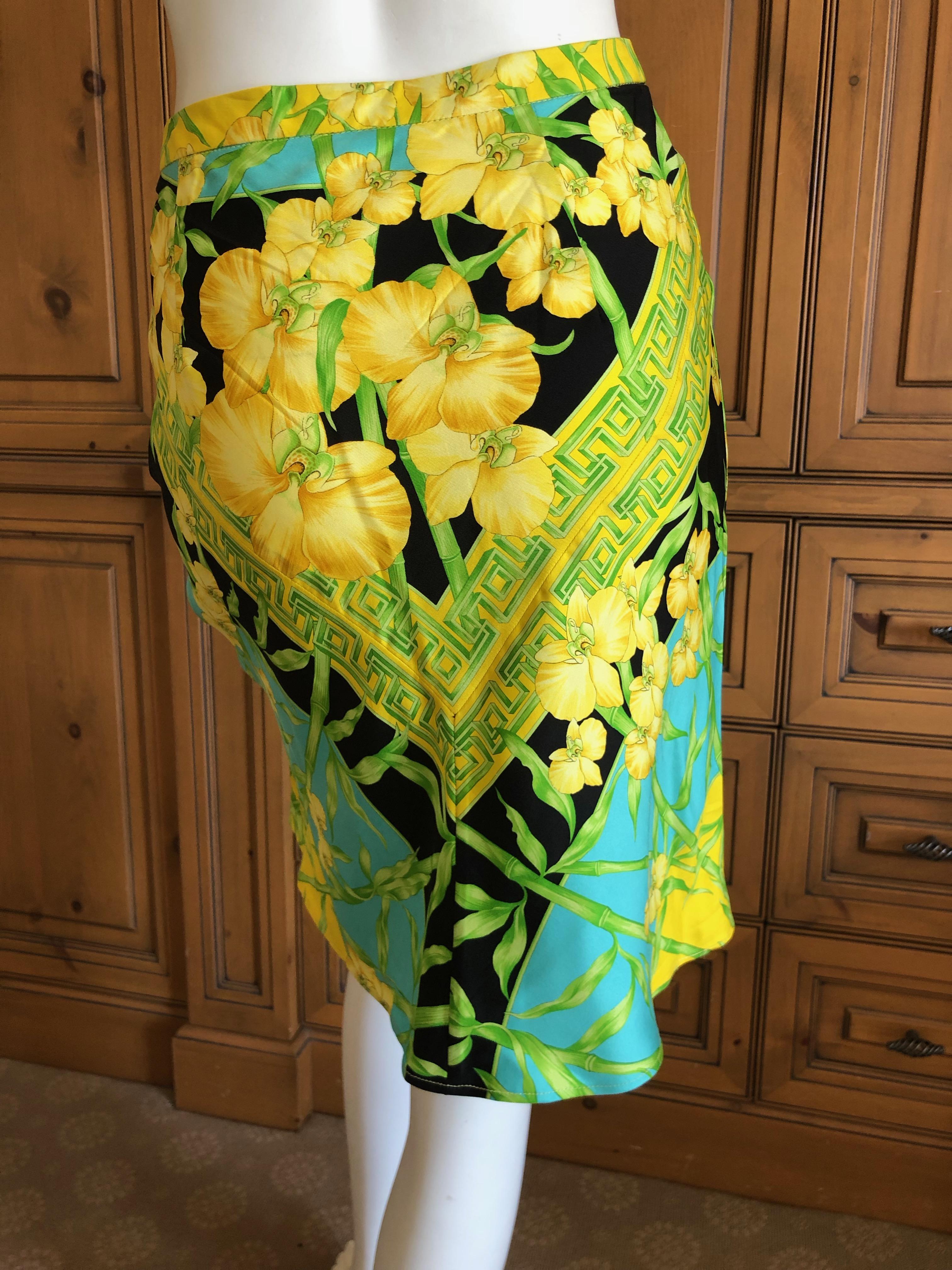 Green Gianni Versace Couture 1980's Tropical Color Greek Key Pattern Silk Skirt Suit  For Sale