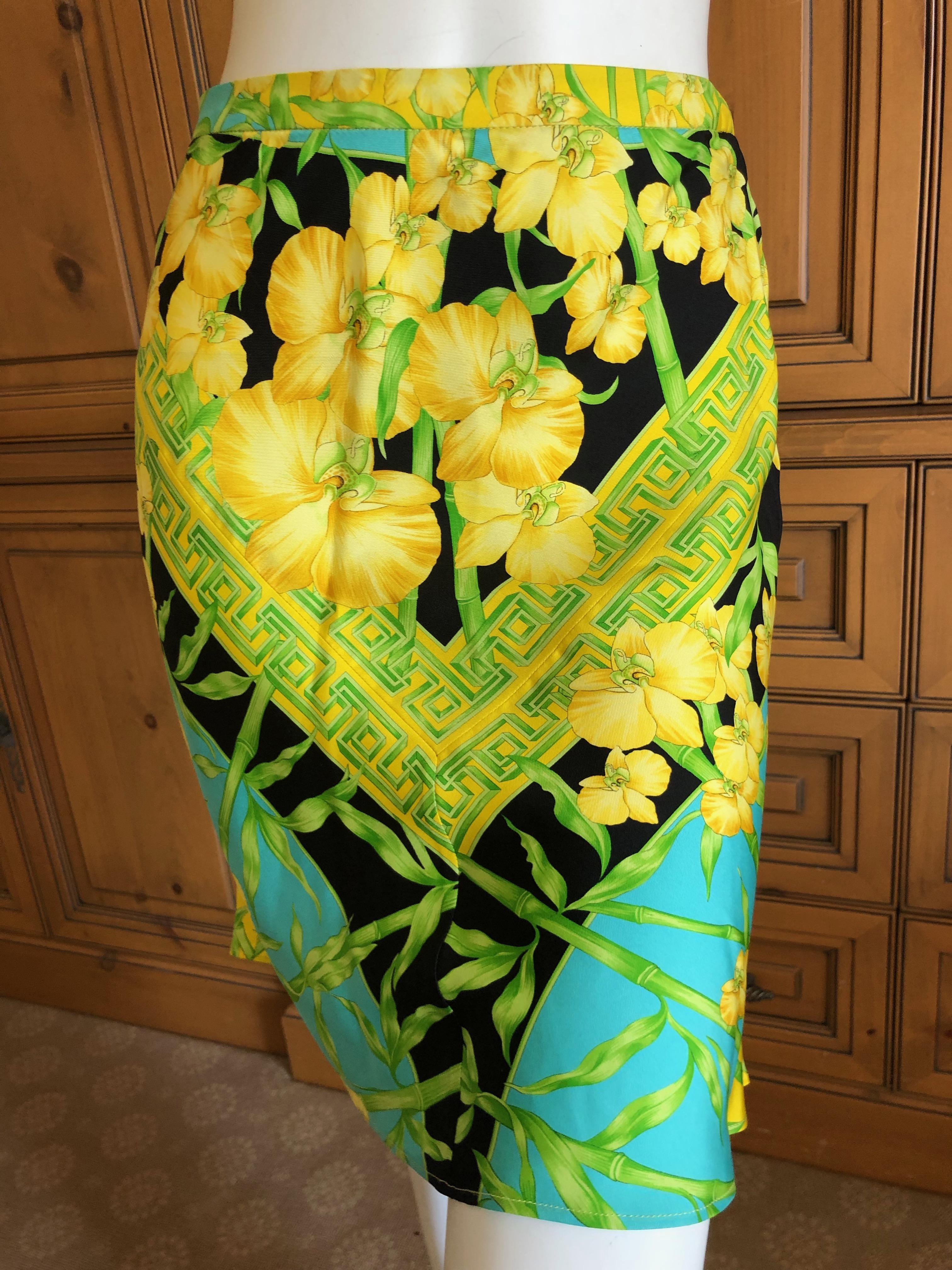 Green Gianni Versace Couture 1980's Tropical Color Greek Key Pattern Silk Skirt Suit  For Sale