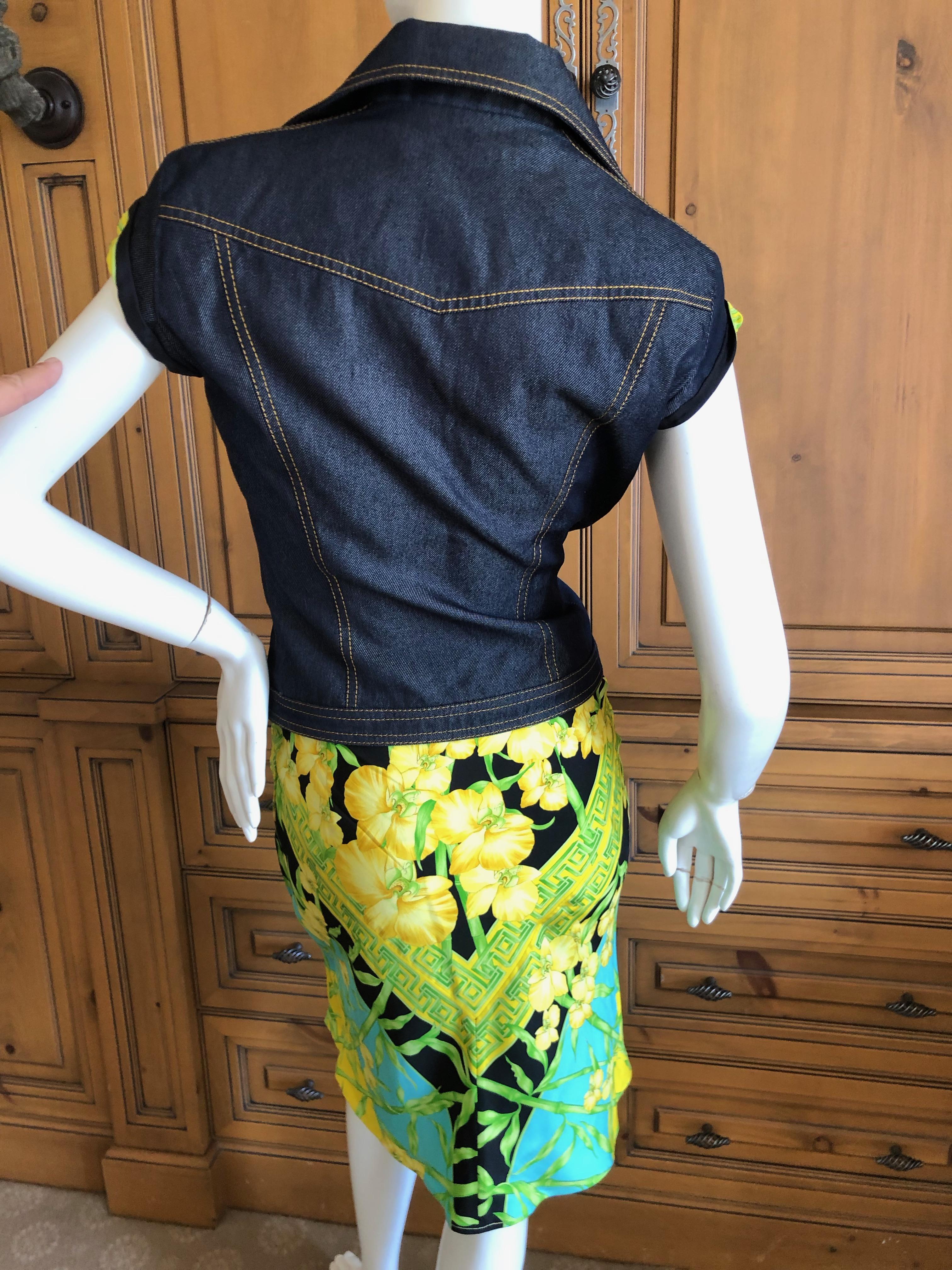 Women's Gianni Versace Couture 1980's Tropical Color Greek Key Pattern Silk Skirt Suit  For Sale