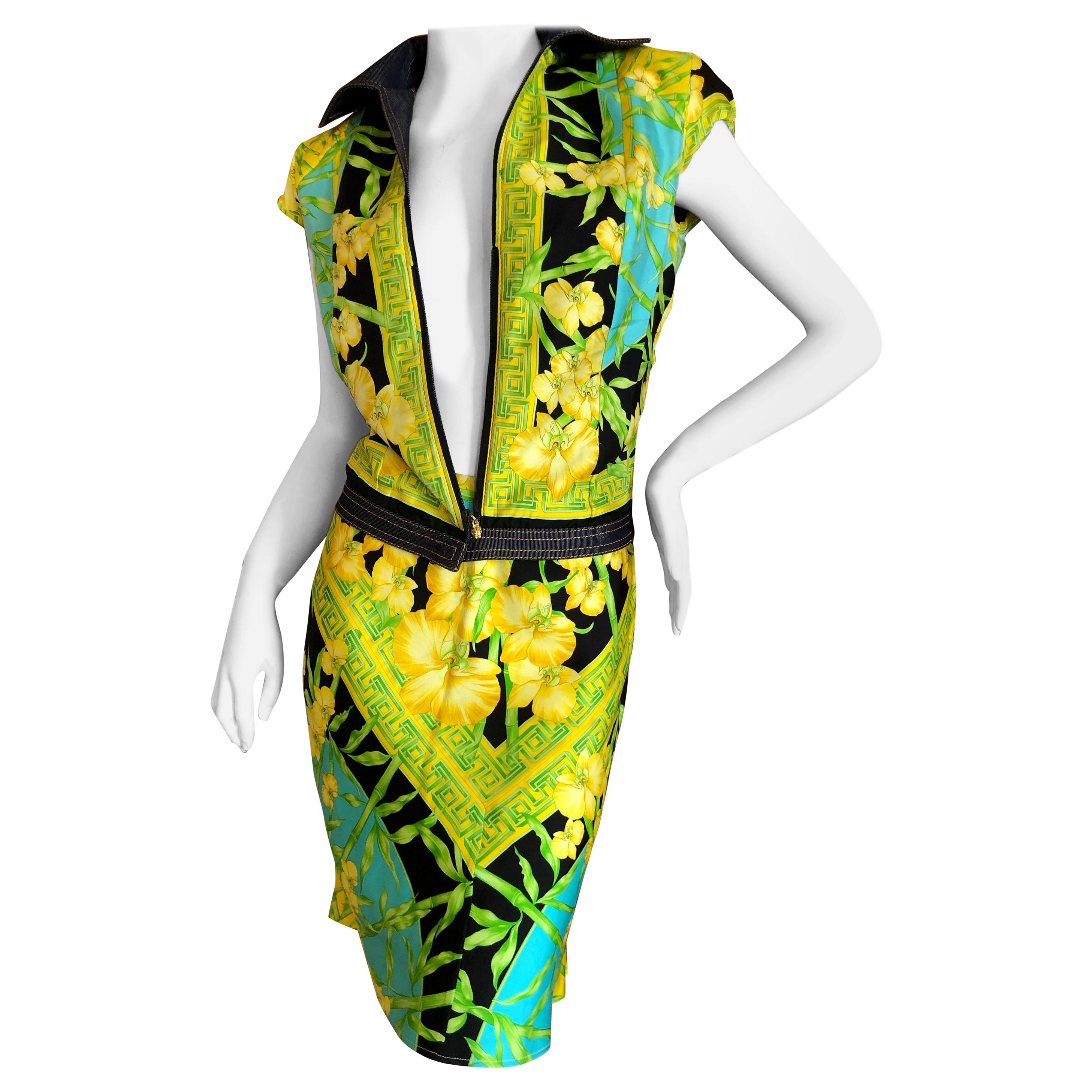 Gianni Versace Couture 1980's Tropical Color Greek Key Pattern Silk Skirt Suit  For Sale