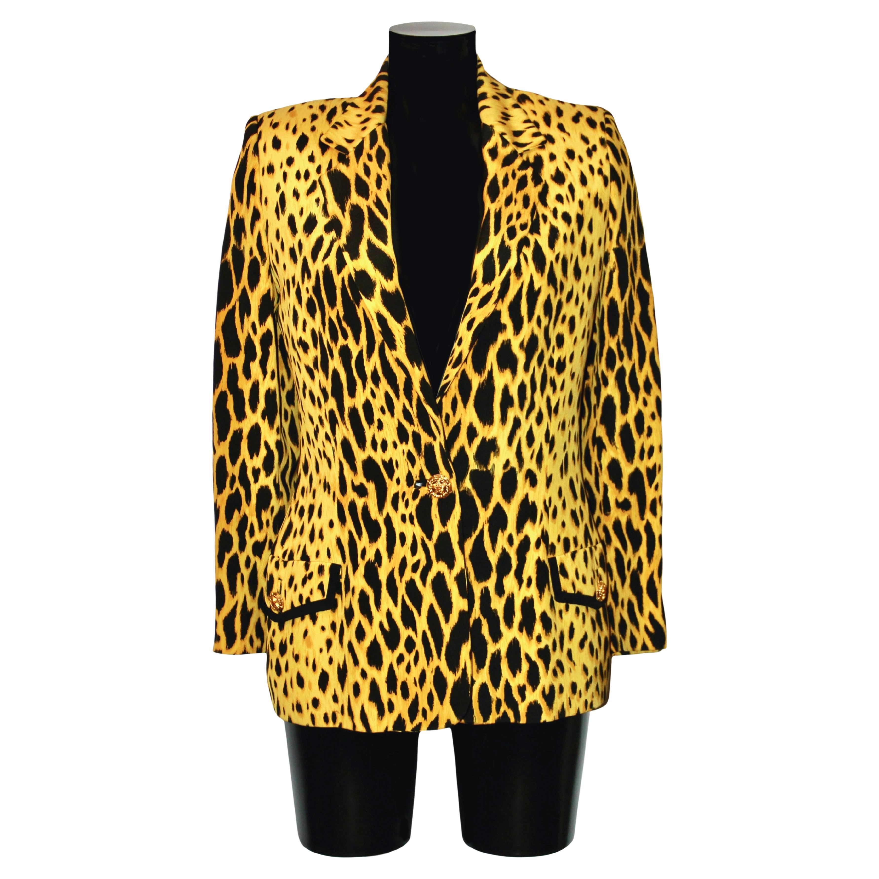 Gianni Versace Couture 1992 Black and Yellow Leopard Print Silk Jacket For Sale