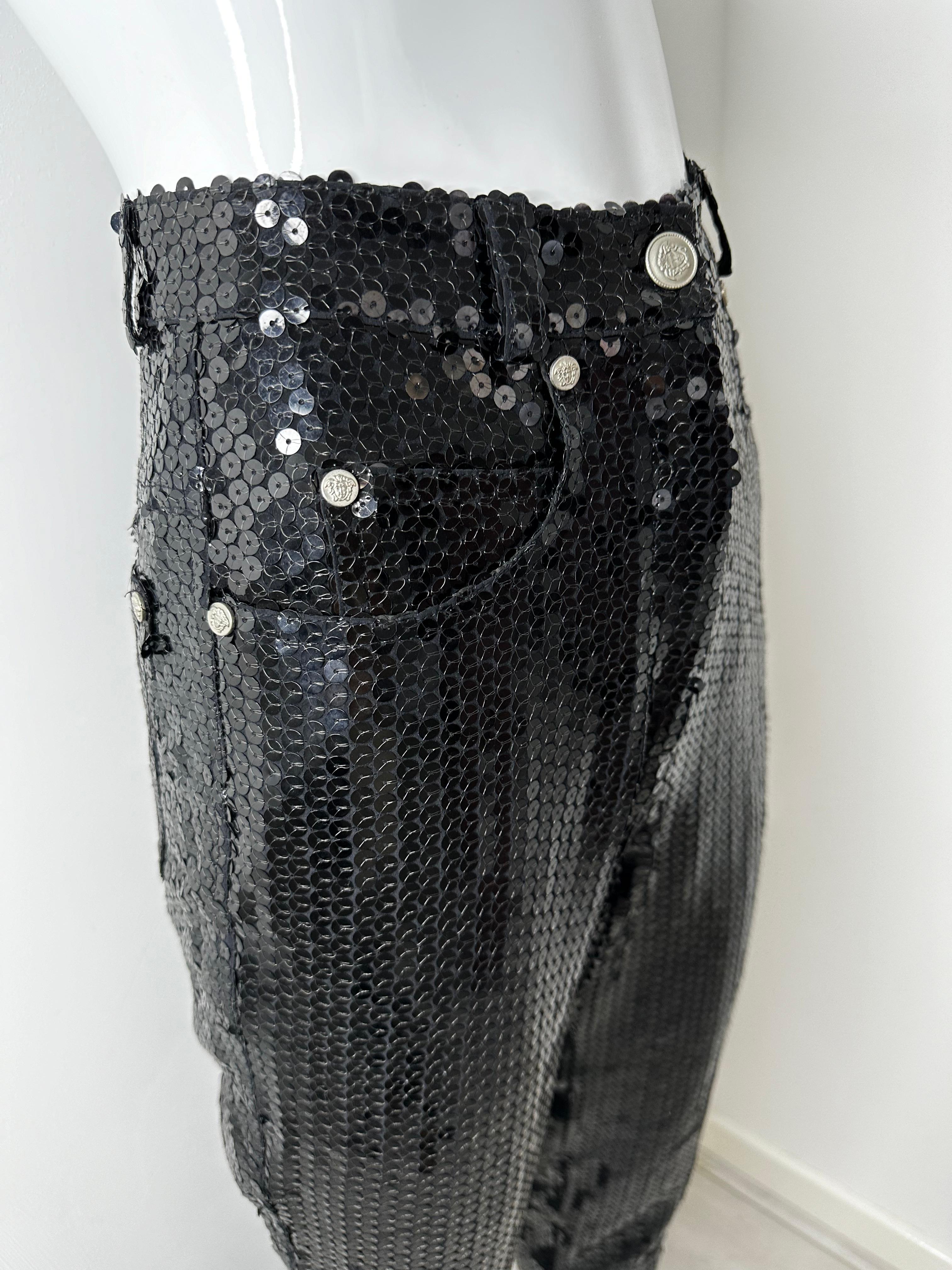 Gianni Versace Couture 1999 black runway sequin pants For Sale 1