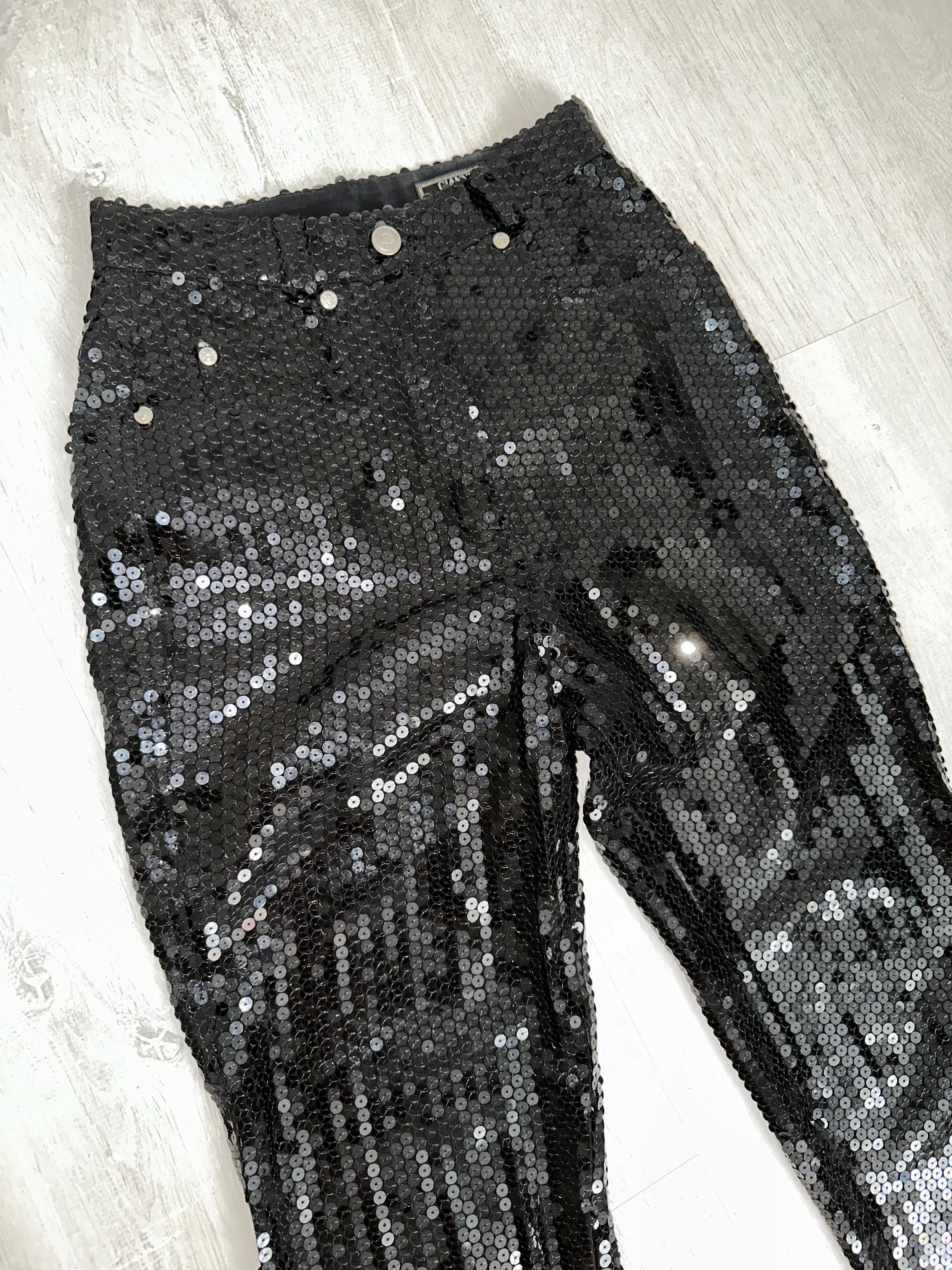 Gianni Versace Couture 1999 black runway sequin pants For Sale 5