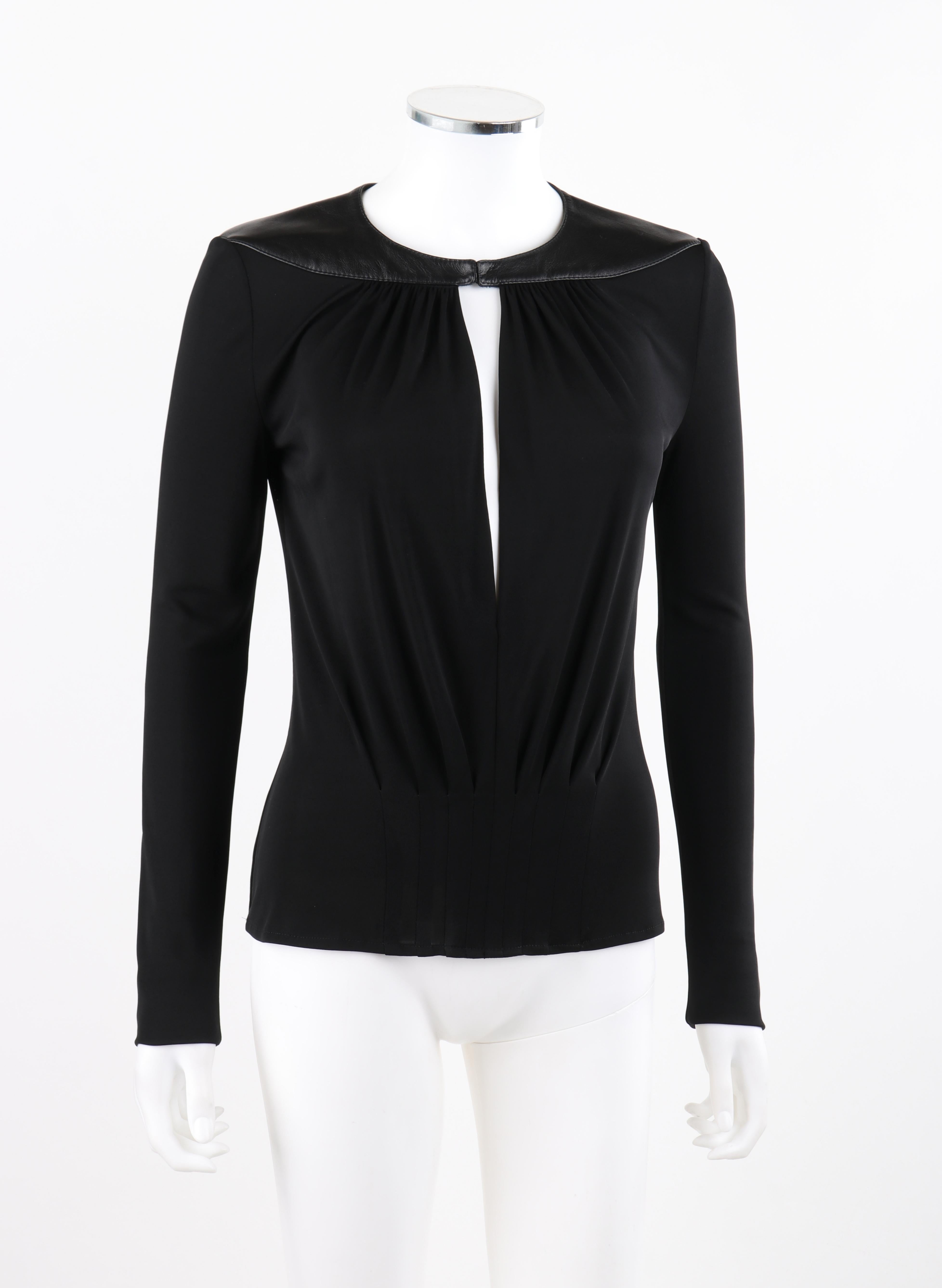 GIANNI VERSACE Couture A/W 1997 Black Cutout Leather Knit Gather Pleated Blouse In Good Condition For Sale In Thiensville, WI