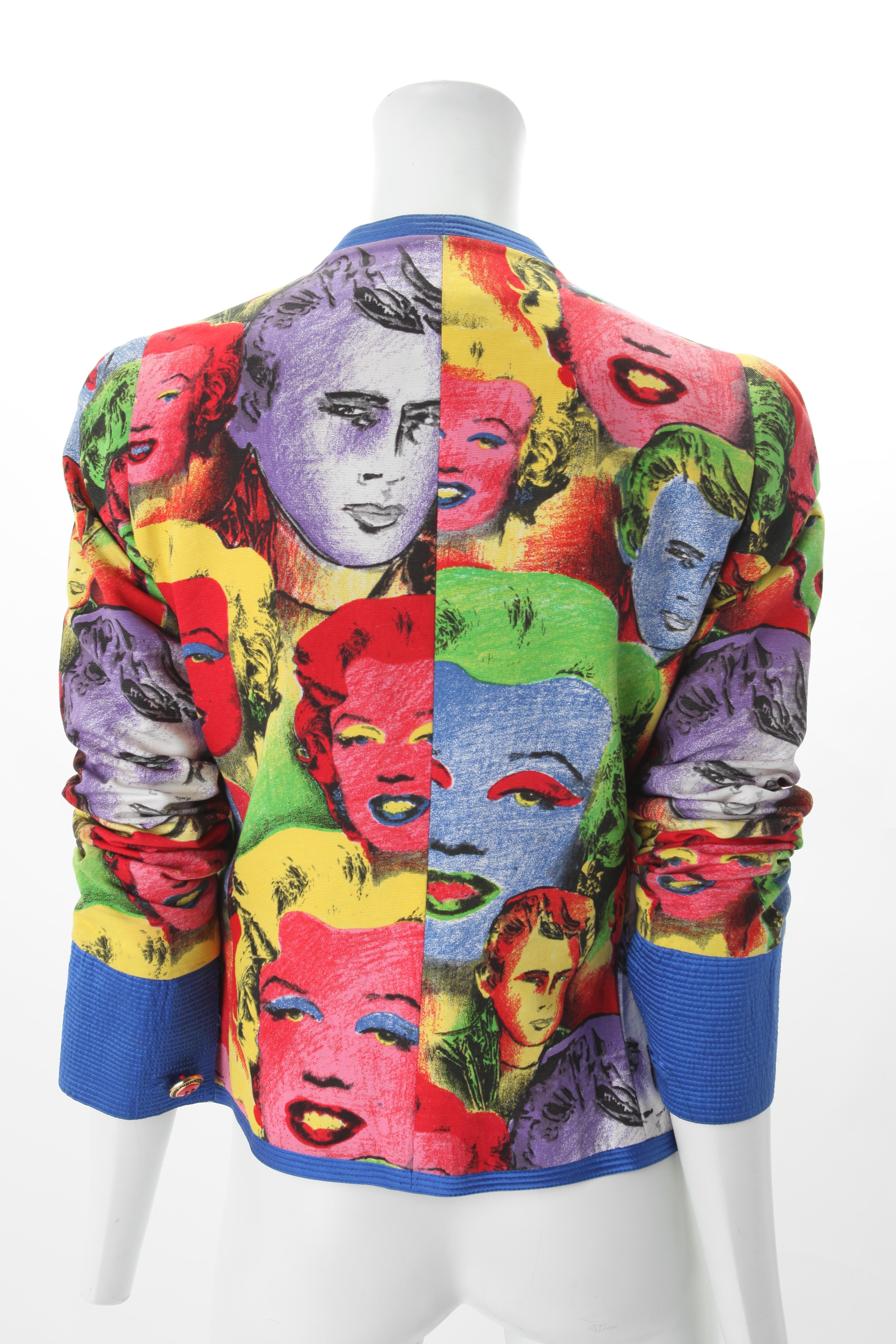 Gianni Versace Couture Andy Warhol Print Jacket and Skirt Ensemble, c.1990.
Gianni Versace Couture Screen Printed Cotton Jacket featuring the famous pop art Andy Warhol images of dead Hollywood icons Marilyn Monroe and James Dean. Adorning five red