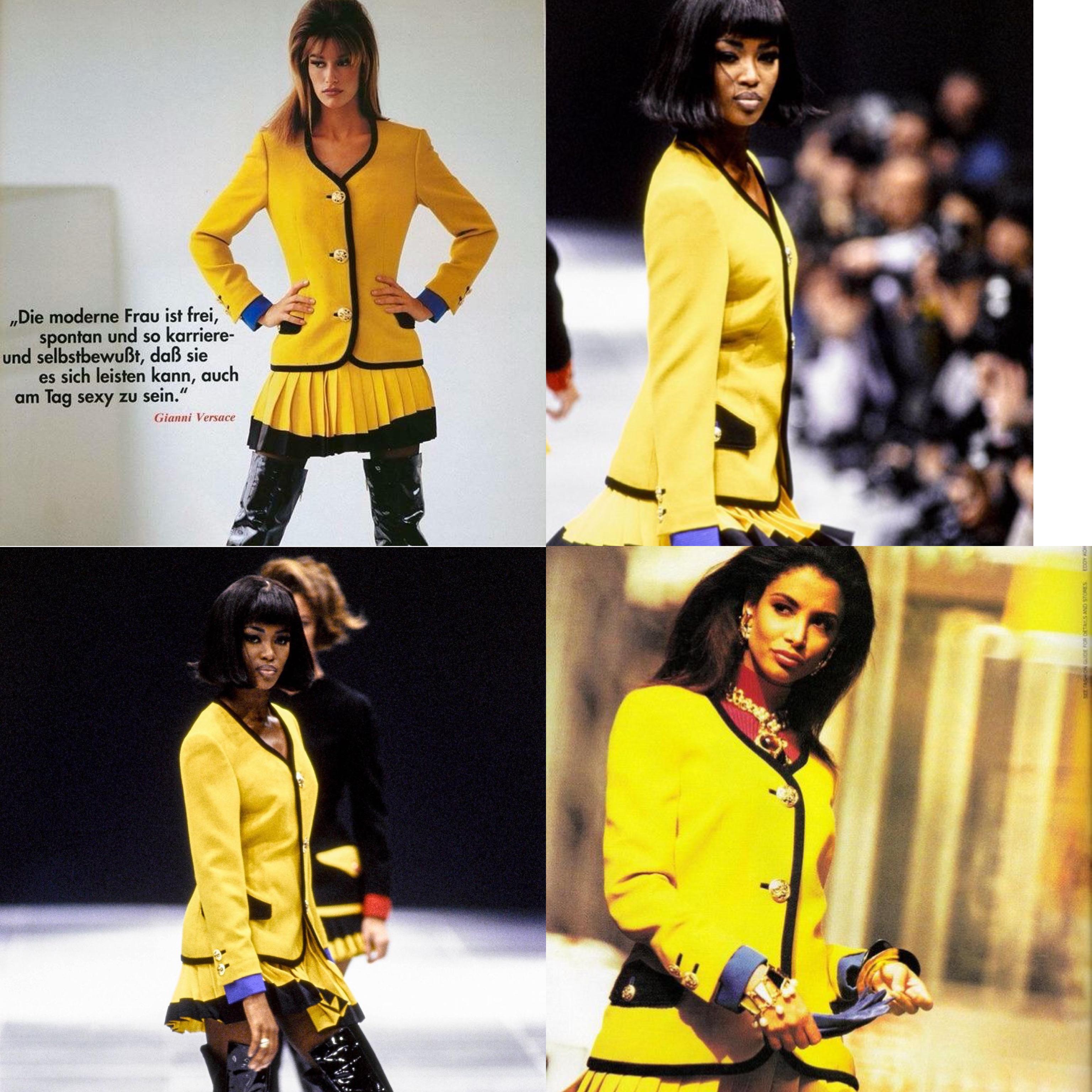 Icône vintage Gianni Versace Couture tailleur jupe de la collection Automne/Hiver 1991/1992. Le tailleur avec le même blazer a été porté par Naomi Campbell lors du défilé de mode et vu dans les pages de Vogue.
La taille indiquée est IT 42.
Les