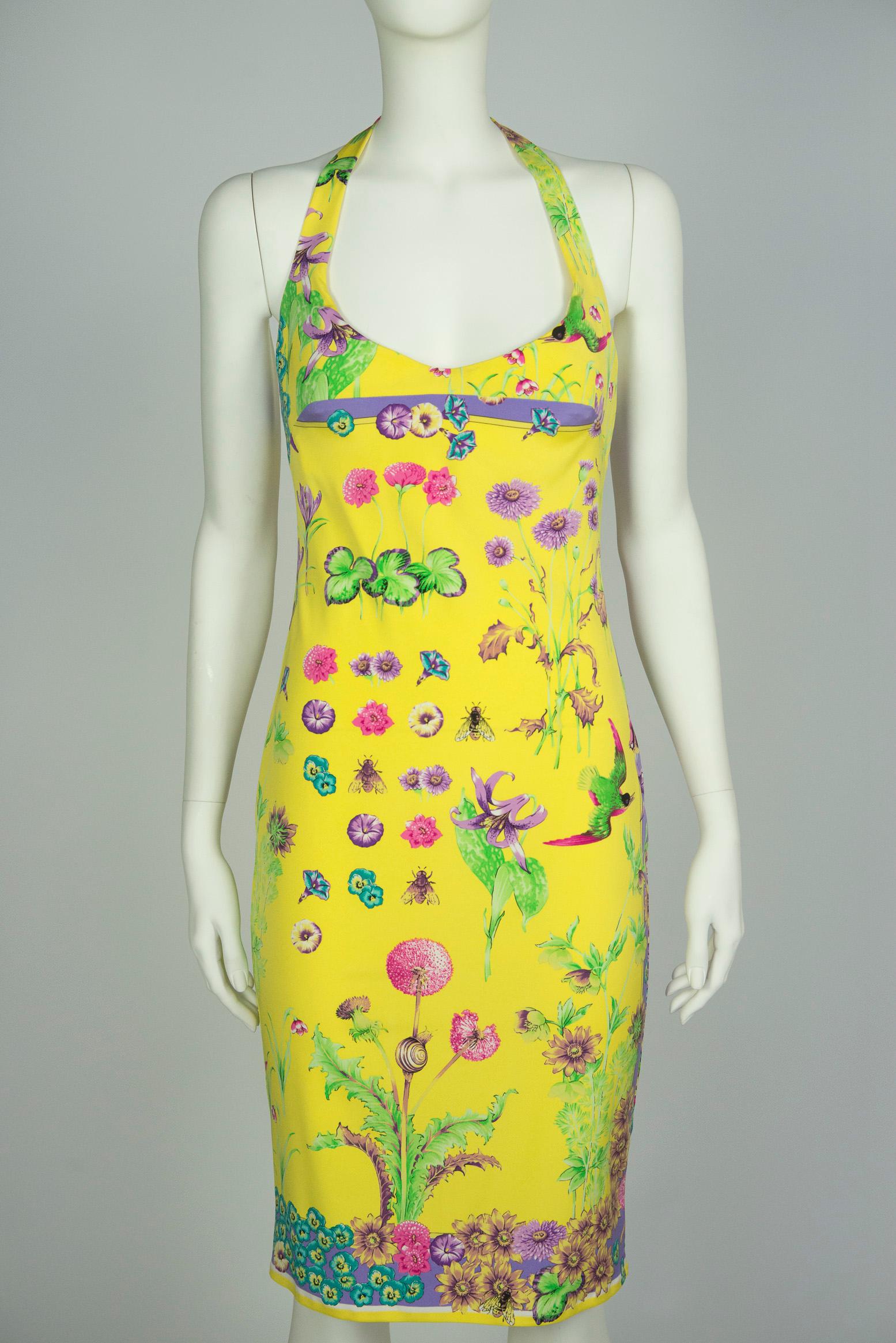 Yellow Gianni Versace Couture Printed Halterneck Dress, Circa 1995-1996 For Sale