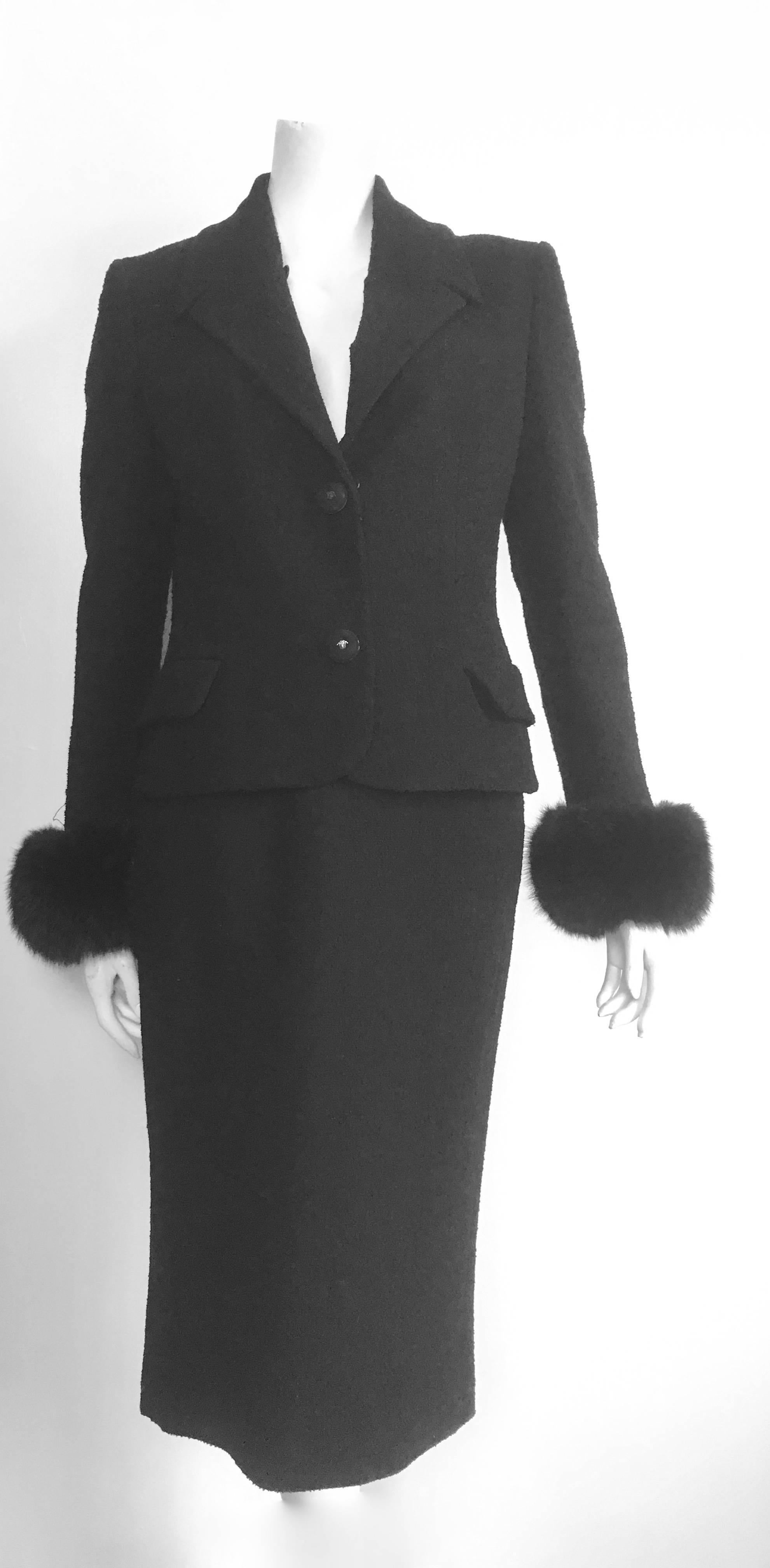 Gianni Versace Couture 1990s Black Boucle Fur Trim Skirt Suit Size 4. For Sale 2