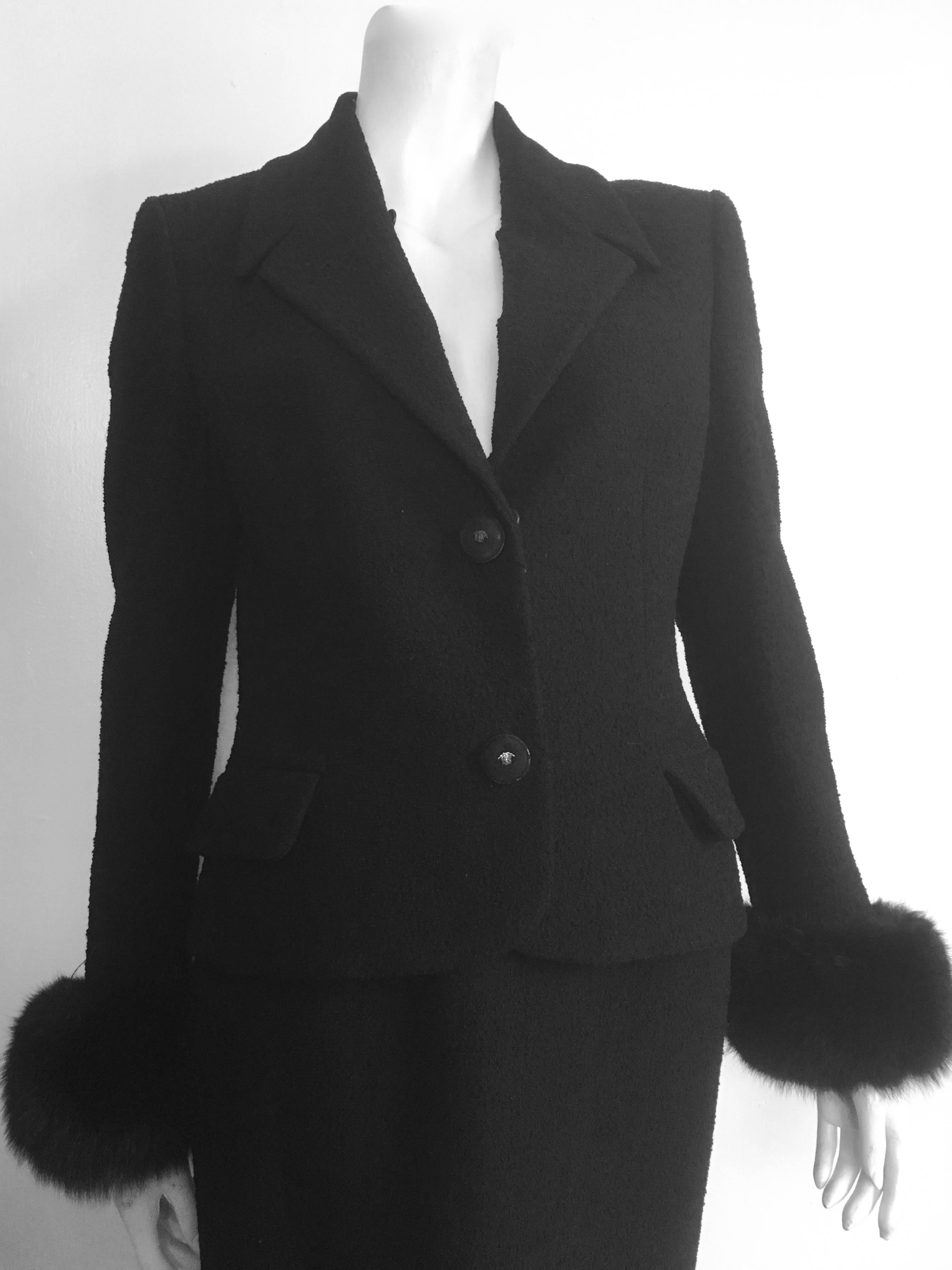 Gianni Versace Couture 1990s Black Boucle Fur Trim Skirt Suit Size 4. For Sale 3