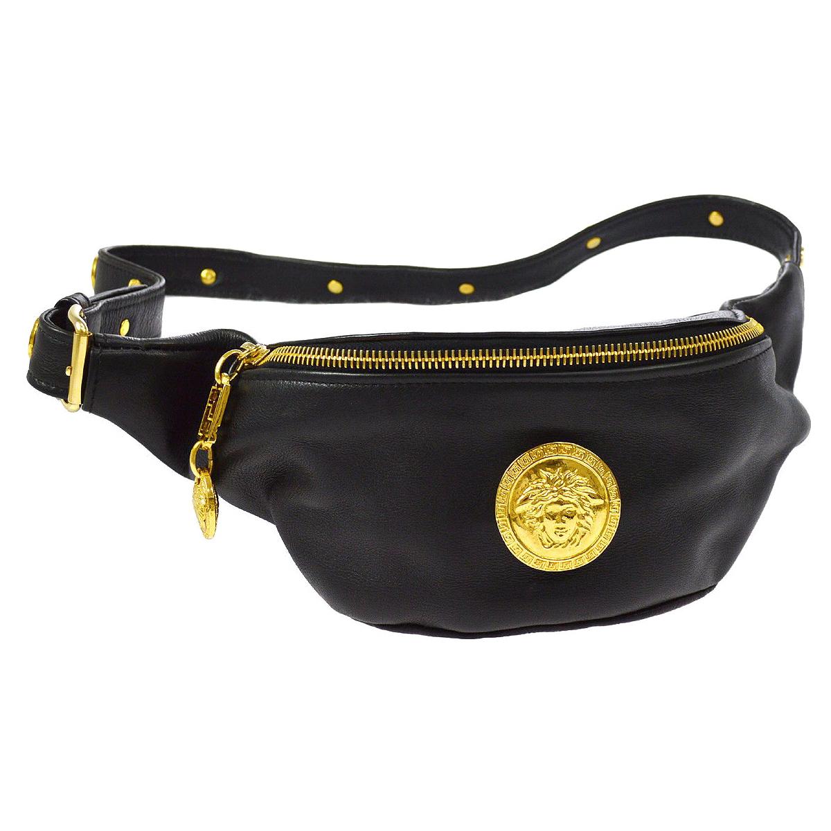 Gianni Versace Couture Black Leather Gold Charm Fanny Pack Waist Belt Bag