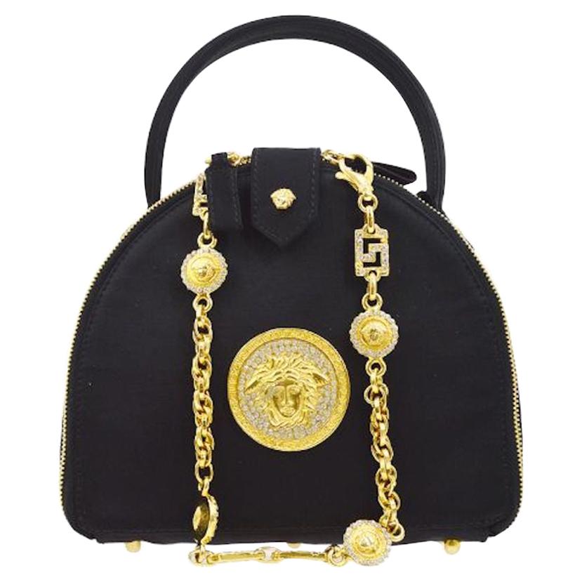 Gianni Versace Couture Black Satin Gold Charm Top Handle Satchel Shoulder Bag