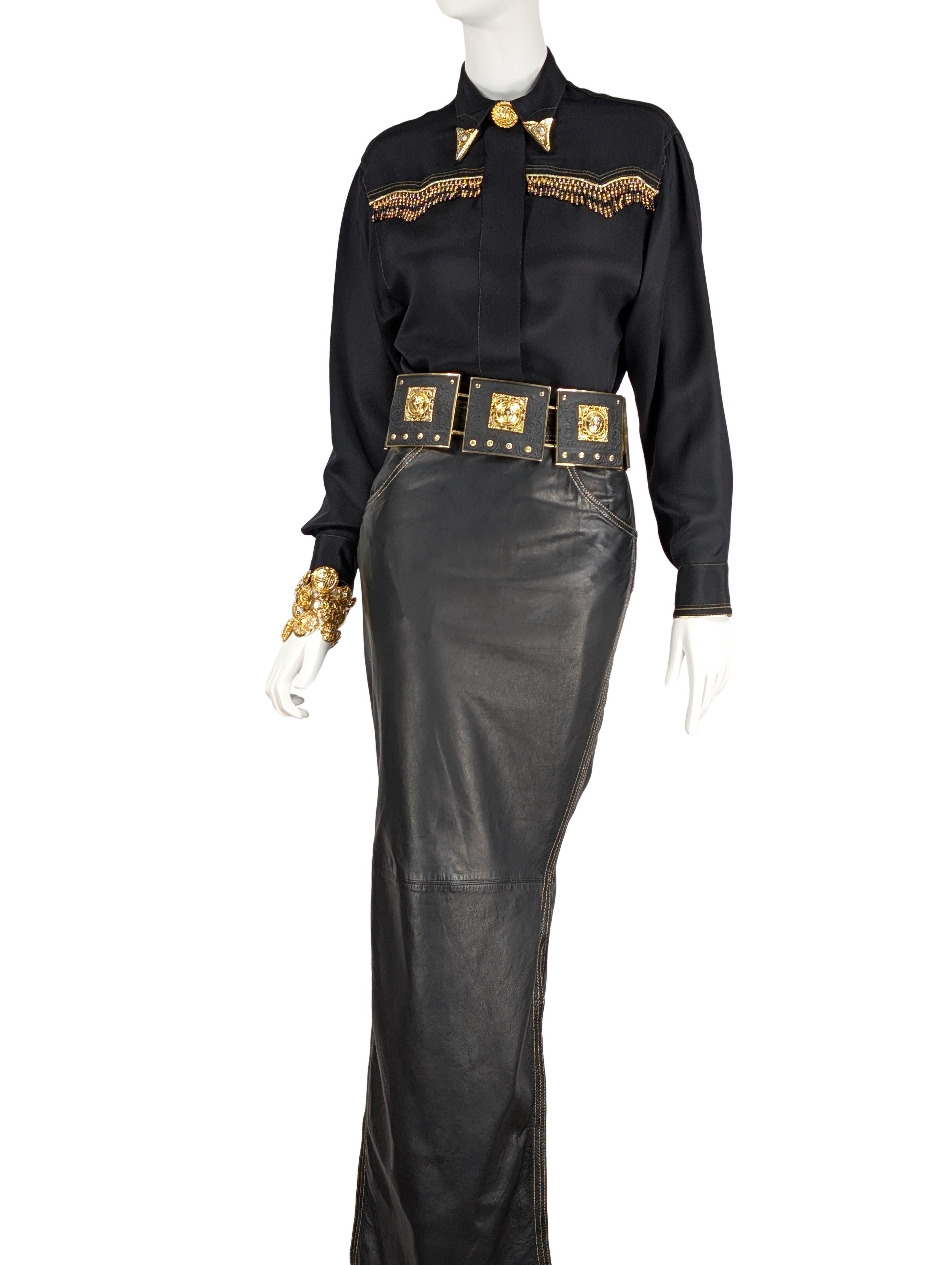 Gianni Versace Couture camicia di seta nera, frange di perline A/I 1992 Bondage in vendita 1