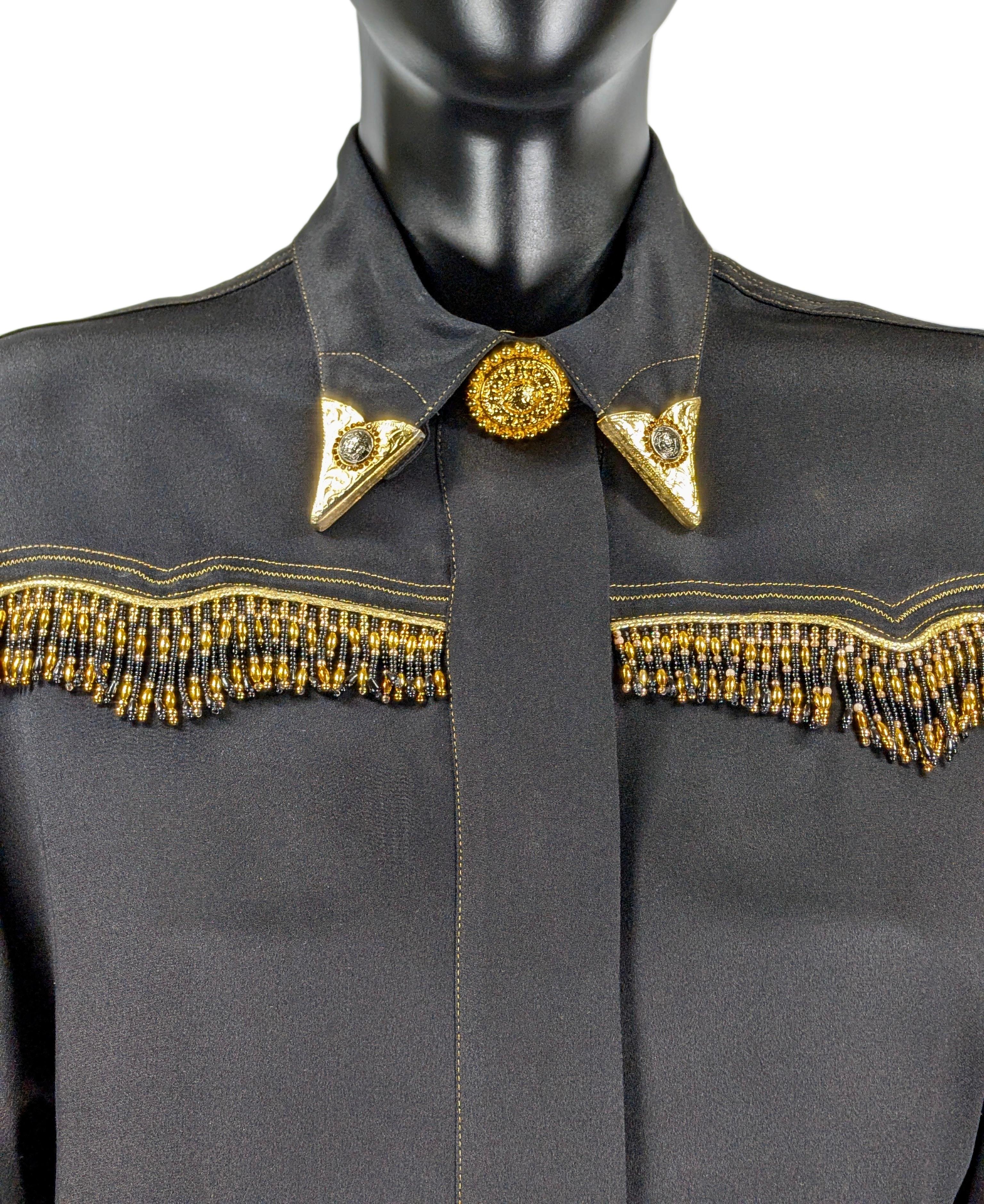 Gianni Versace Couture camicia di seta nera, frange di perline A/I 1992 Bondage in vendita 2