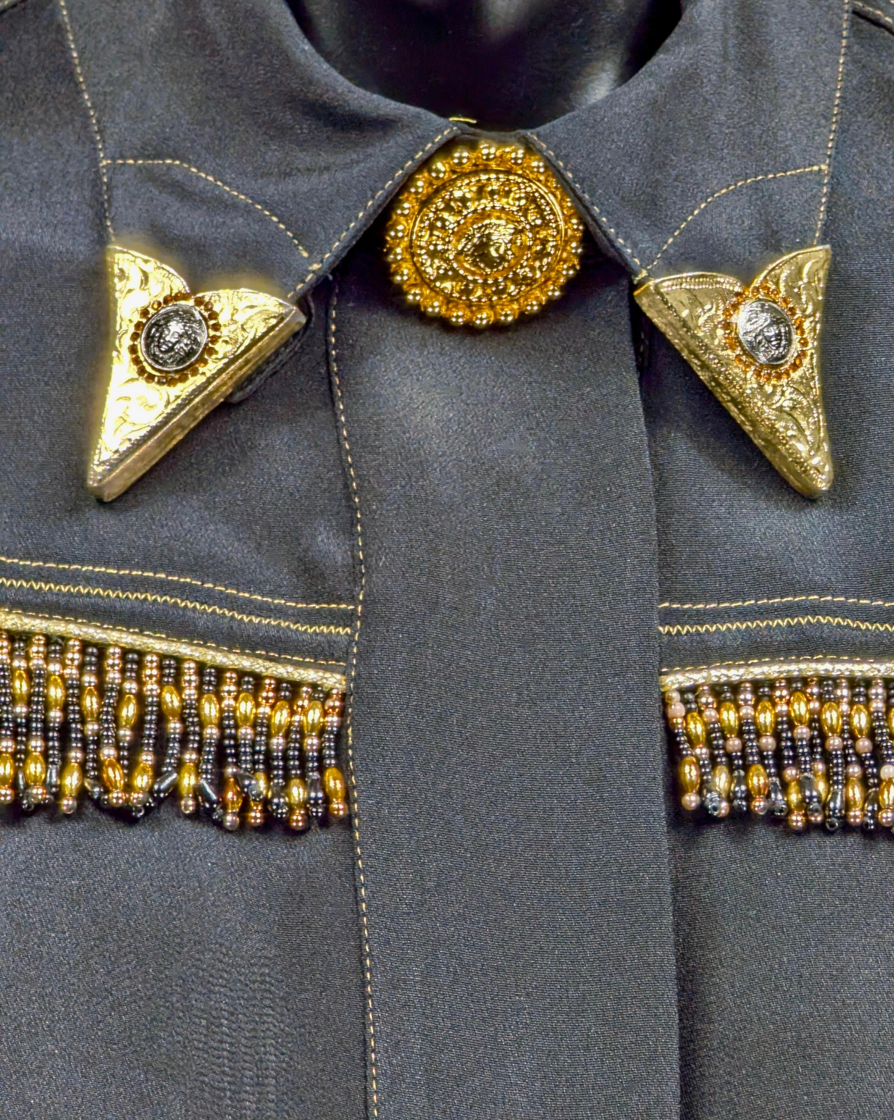 Gianni Versace Couture camicia di seta nera, frange di perline A/I 1992 Bondage in vendita 3