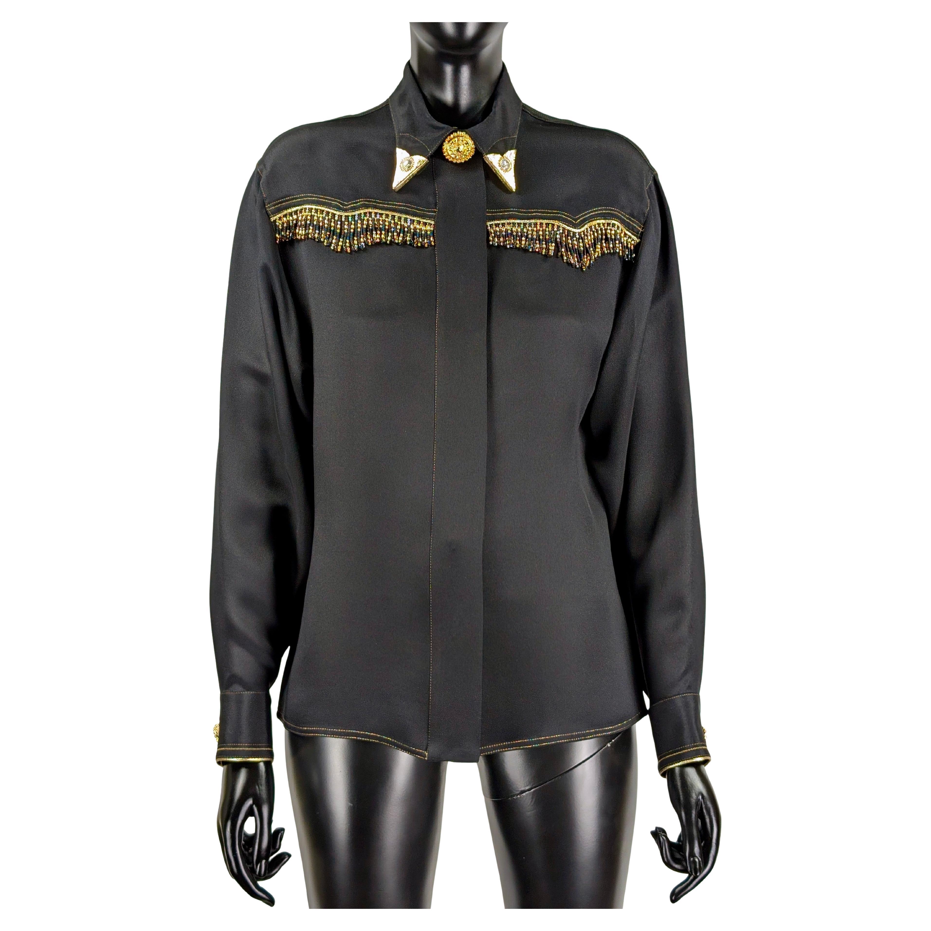 Gianni Versace Couture camicia di seta nera, frange di perline A/I 1992 Bondage in vendita