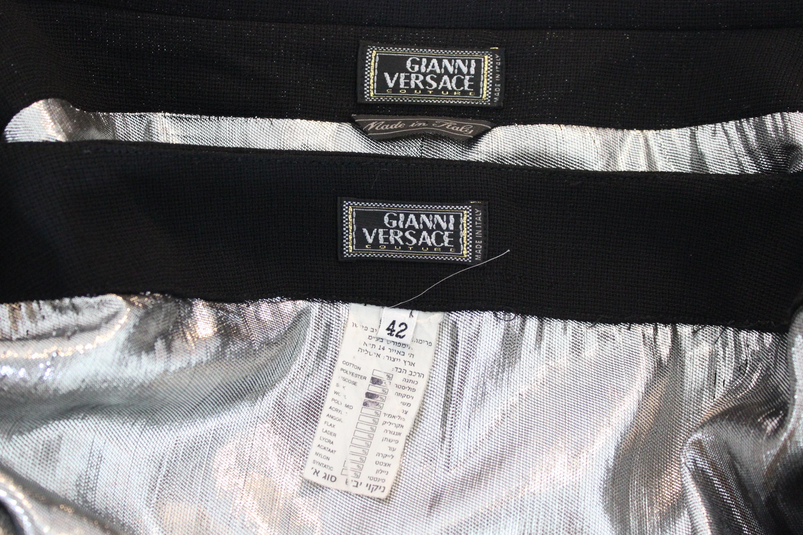 Gianni Versace Couture Noir Argent Silk Wool Lamè Evening Skirt 1980 en vente 5