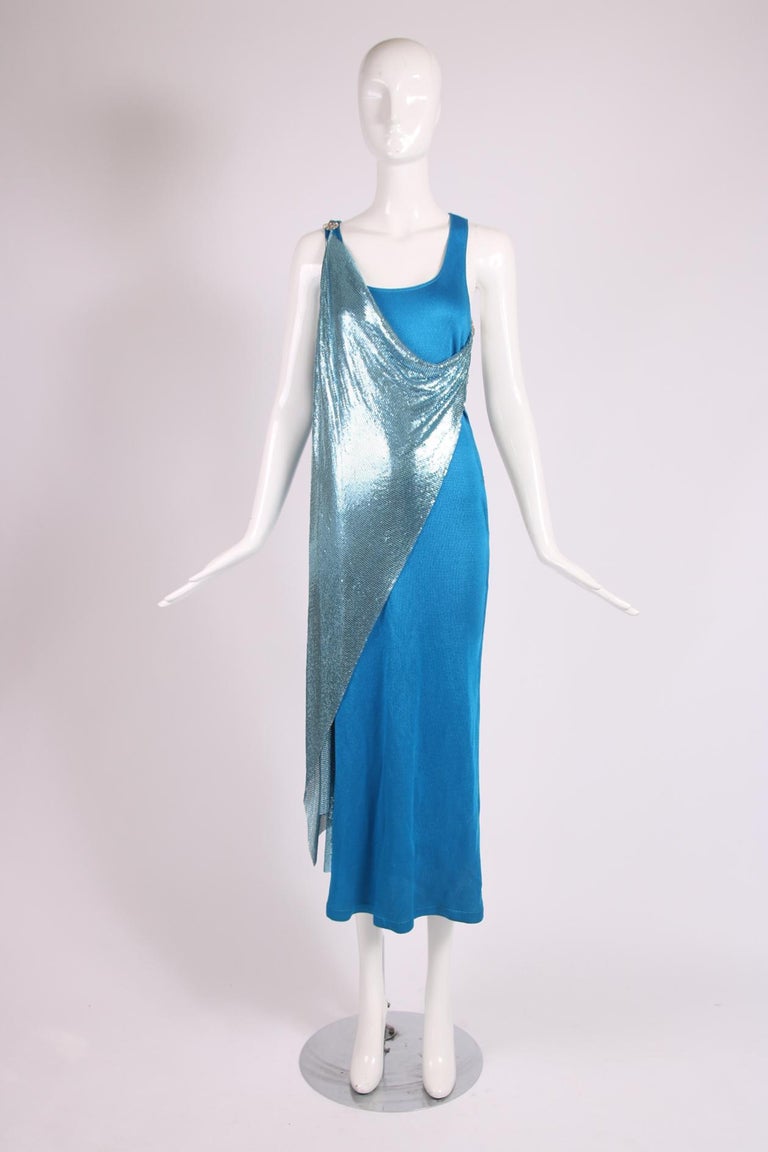 Gianni Versace Couture Blue Oroton Chainmail and Silk Gown w/Side Cutouts  F/W 1994 For Sale at 1stDibs