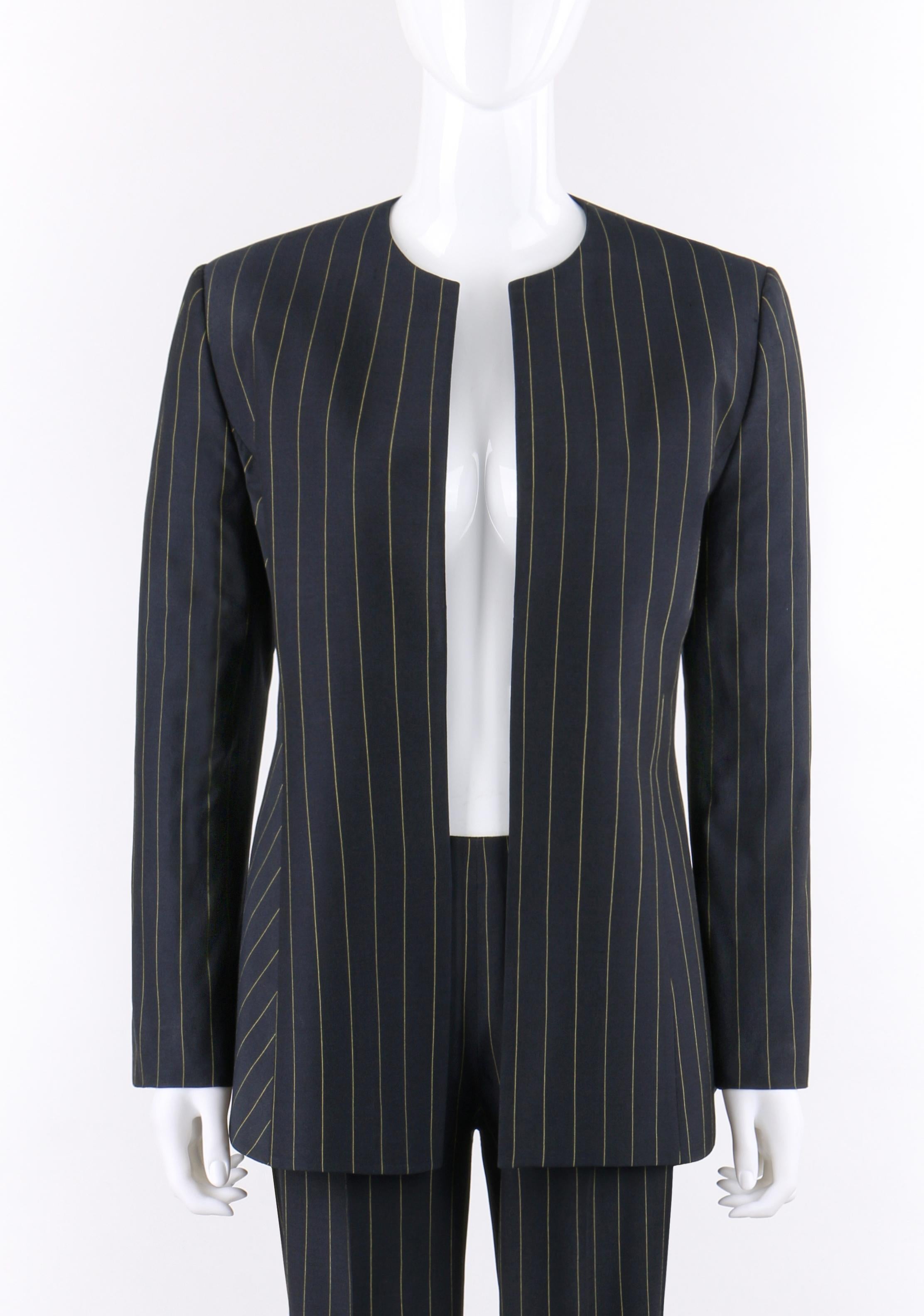 GIANNI VERSACE COUTURE c.1980's Navy Pinstripe Jacket Trouser Pant Suit Set

Circa: 1980’s
Label(s): Gianni Versace Couture
Designer: Gianni Versace
Style: Structured blazer jacket; creased straight-leg pants
Color(s): Dark navy blue with shades of