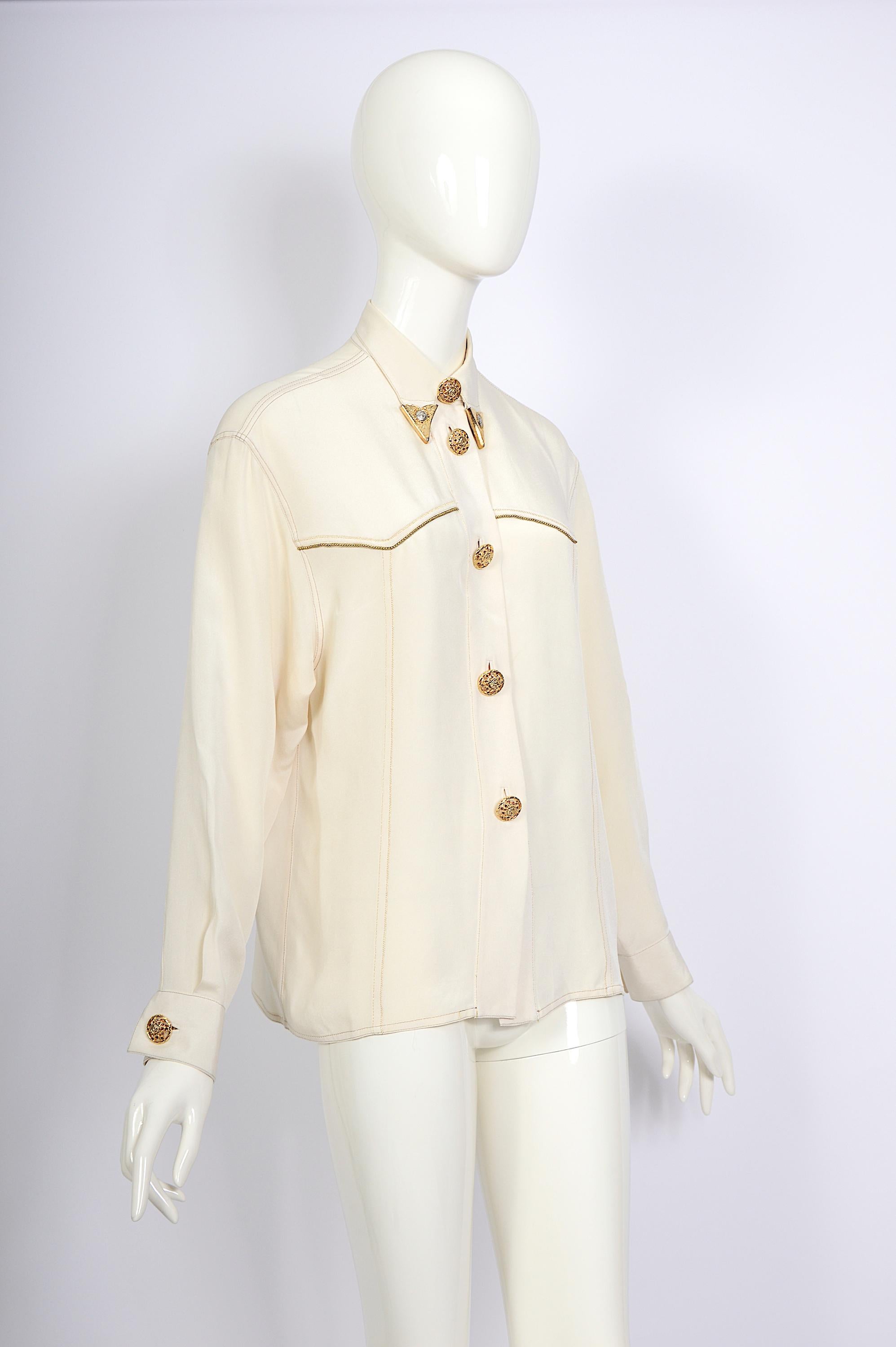 Beige Gianni Versace couture F/W 1992 miss S&M show silk embellished western shirt
