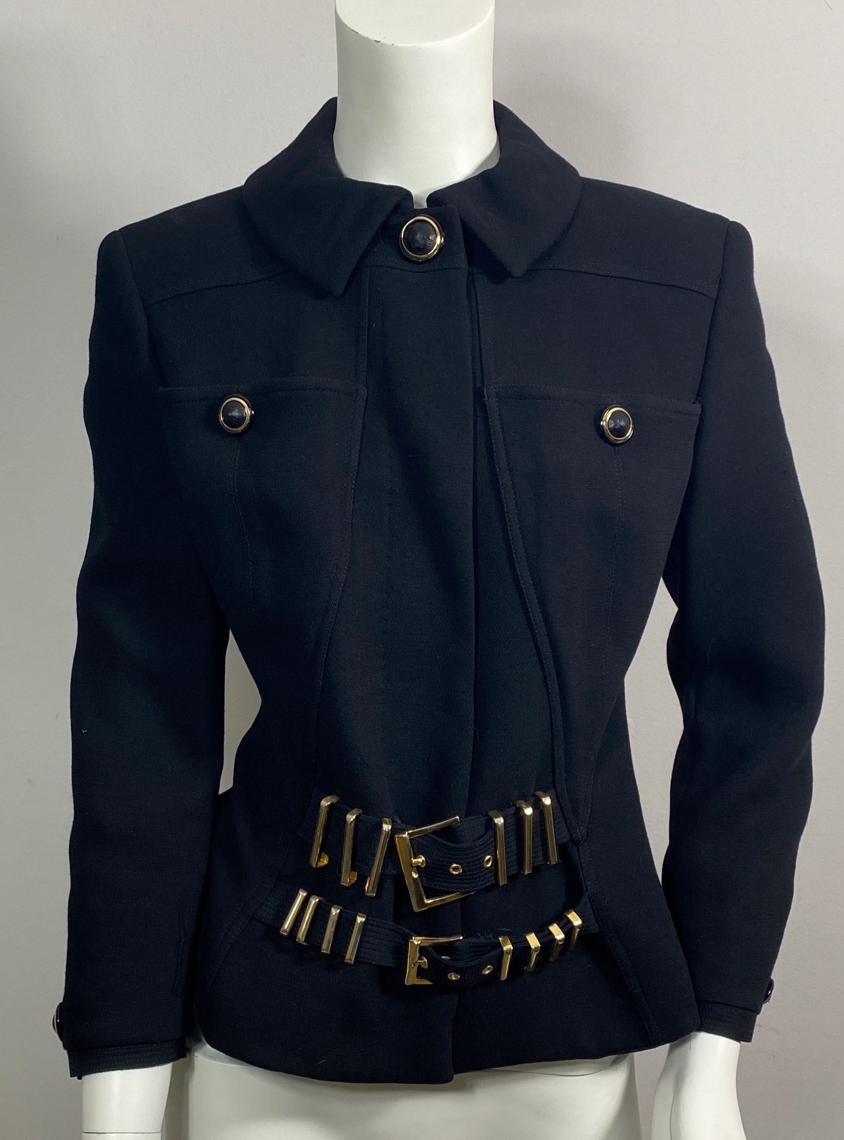 Gianni Versace Couture F/W 1992 Runway S&M Bondage Black Jacket-Size 6  This very collectible Versace Couture Jacket is from one of his most famous collections. The chic semi crop jacket debuted as look 23 on the runway for the F/W 1992 collection,