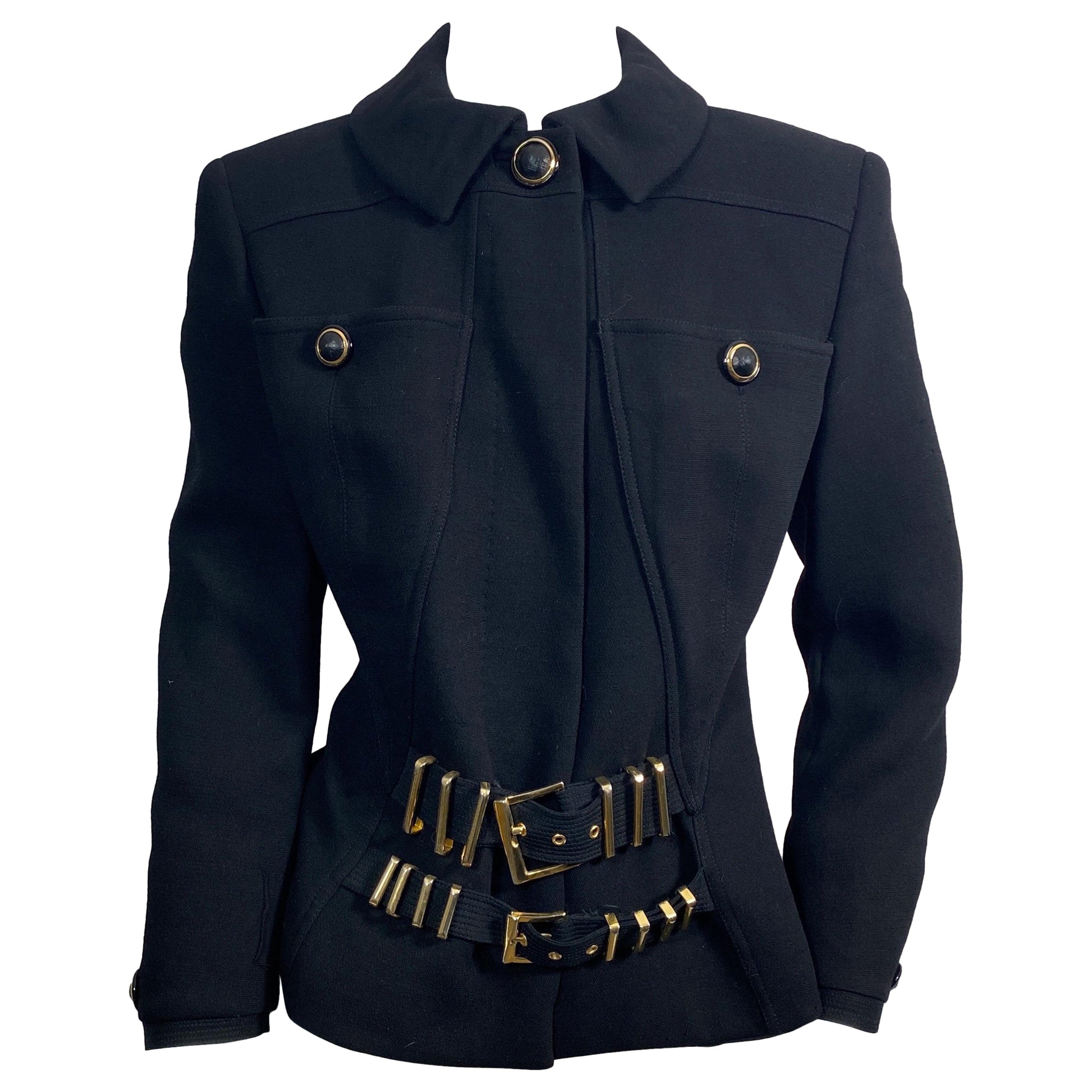Gianni Versace Couture F/W 1992 Pasarela S&M Bondage Chaqueta negra-Talla 6