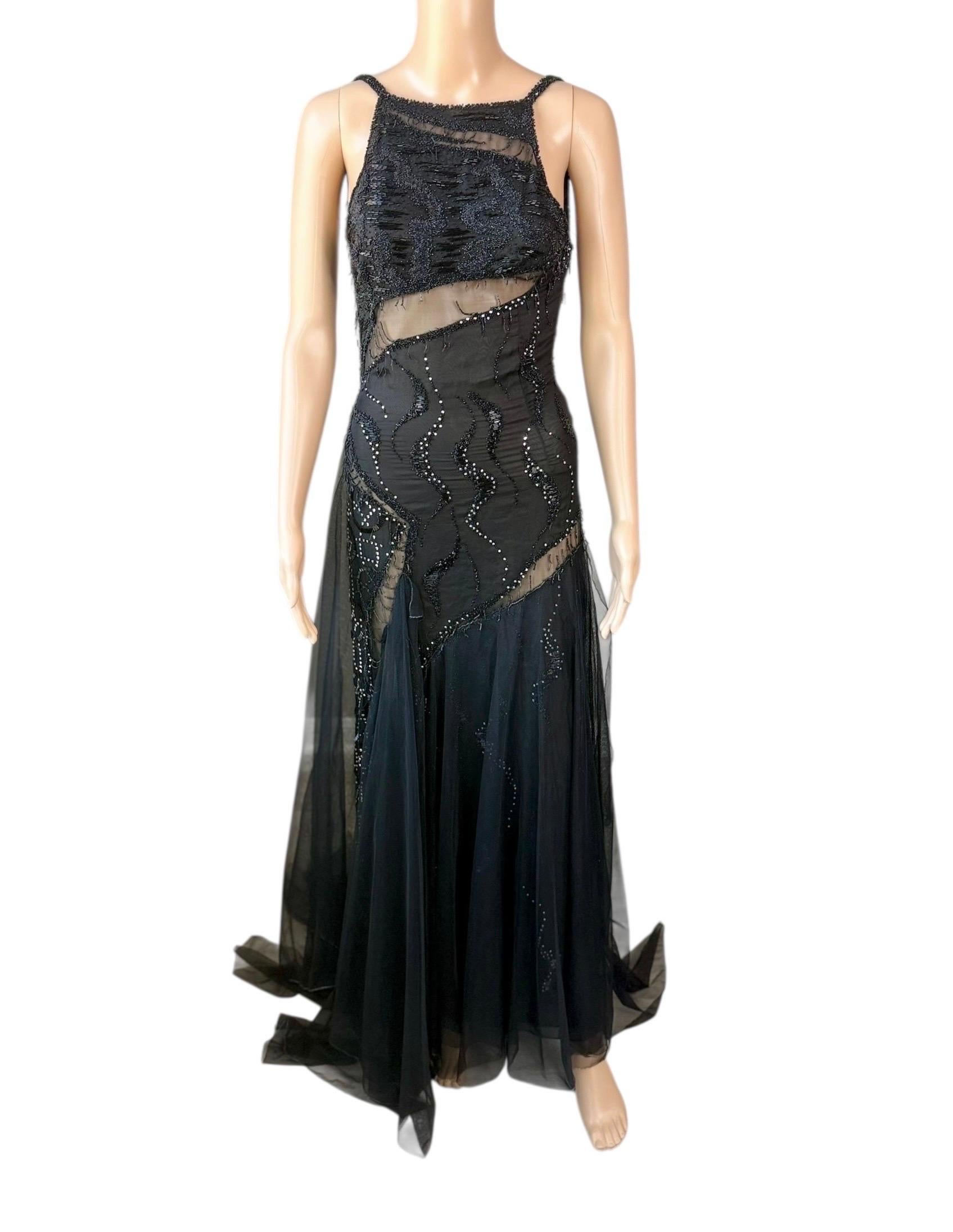 Gianni Versace Couture F/W 1999 Laufsteg Verschönert Durchsichtiger Ausschnitt Schwarzes Kleid Kleid im Angebot 7