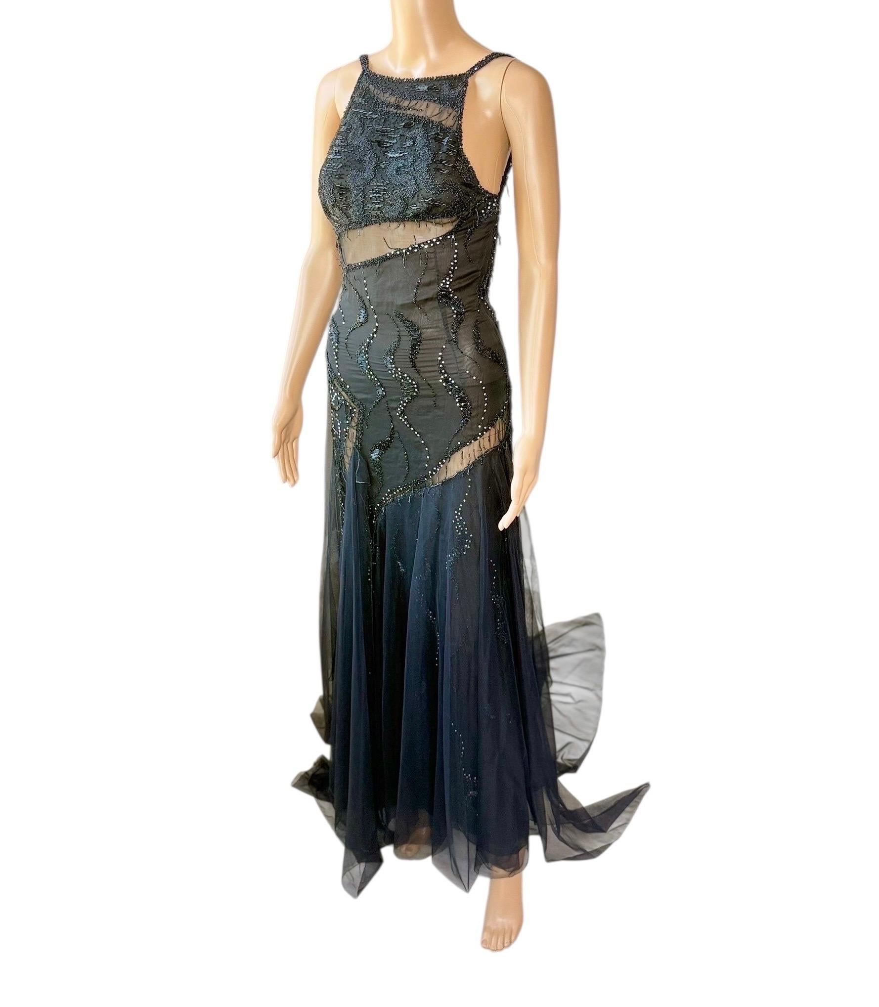 Gianni Versace Couture F/W 1999 Laufsteg Verschönert Durchsichtiger Ausschnitt Schwarzes Kleid Kleid im Angebot 1