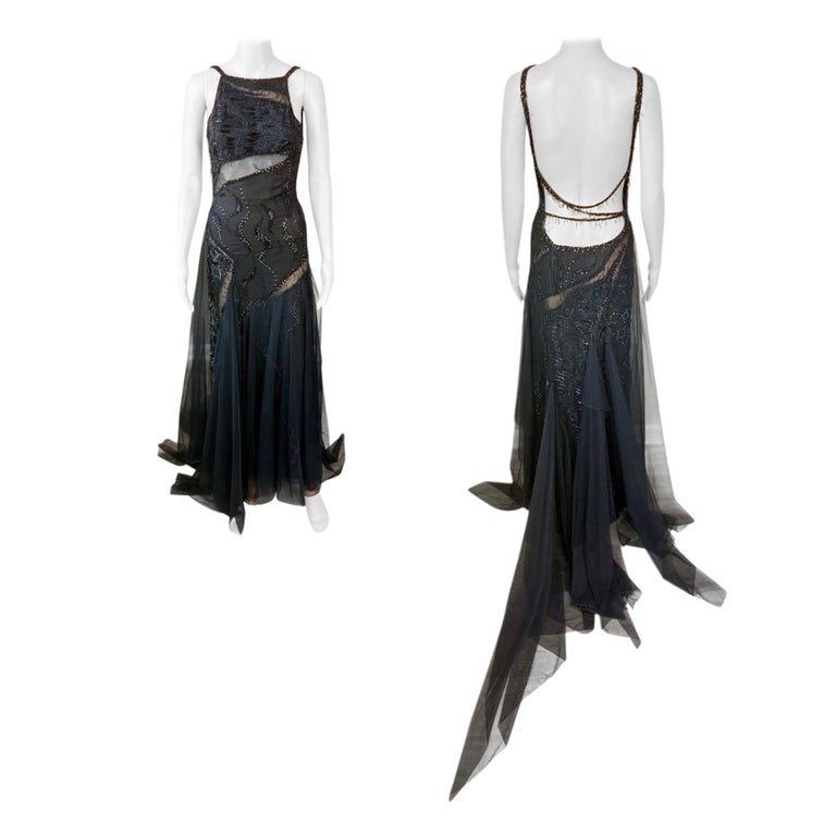 versace sheer dress rare VERSACE Runway blue silk pailette embellished sheer sleeves draped gown