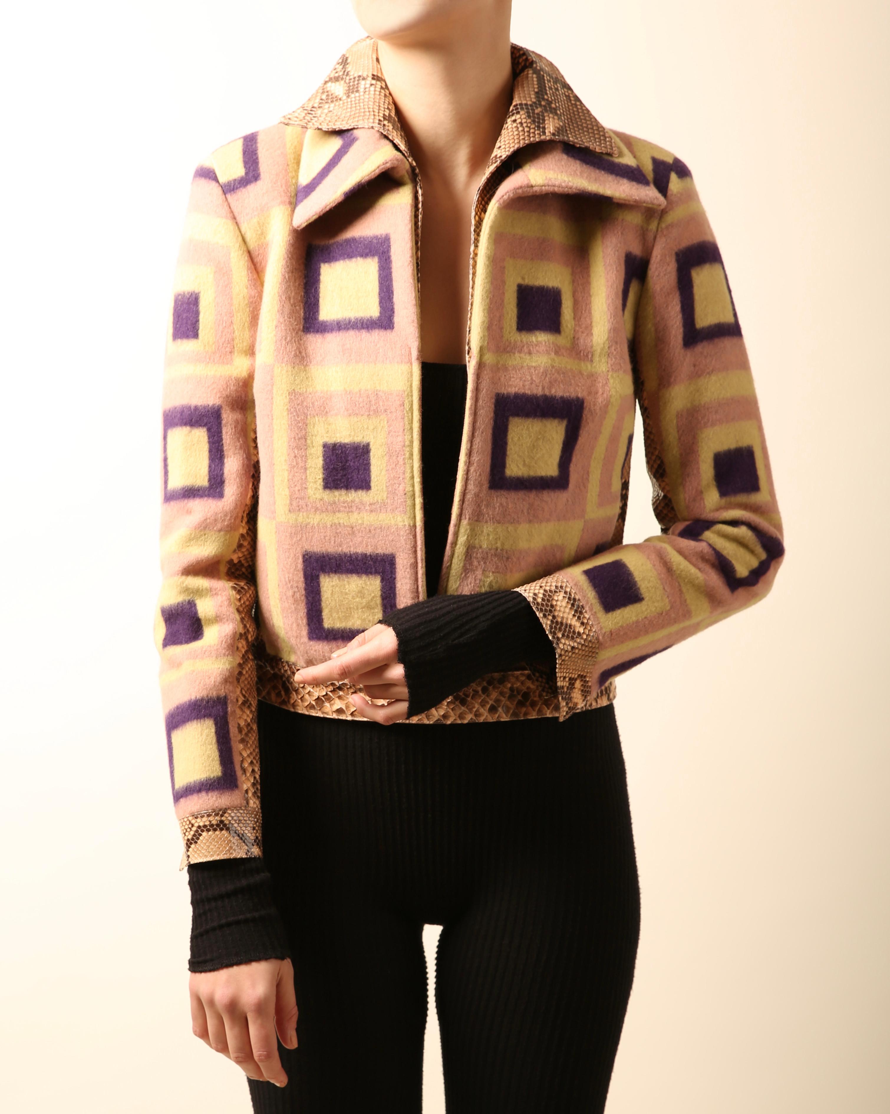 A very rare jacket from Gianni Versace Couture F/W 2000, featured in their fall campaign starring Amber Valletta
Pink with purple and yellow geometric print
Pink and brown python collar, cuffs, hem and trim to the sleeves
Double collar
Closes via a