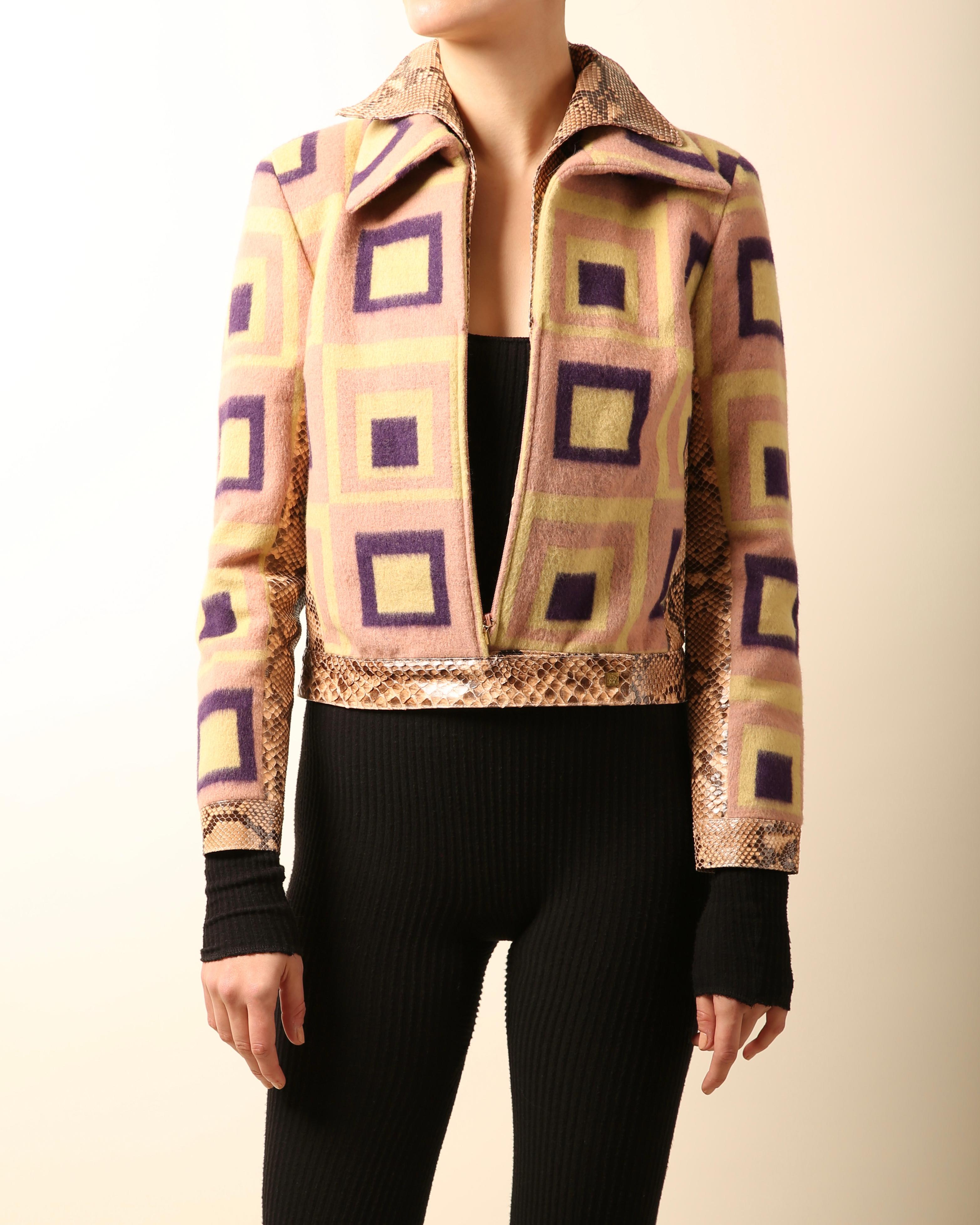 Beige Gianni Versace Couture F/W2000 pink python geometric print leather dress jacket For Sale