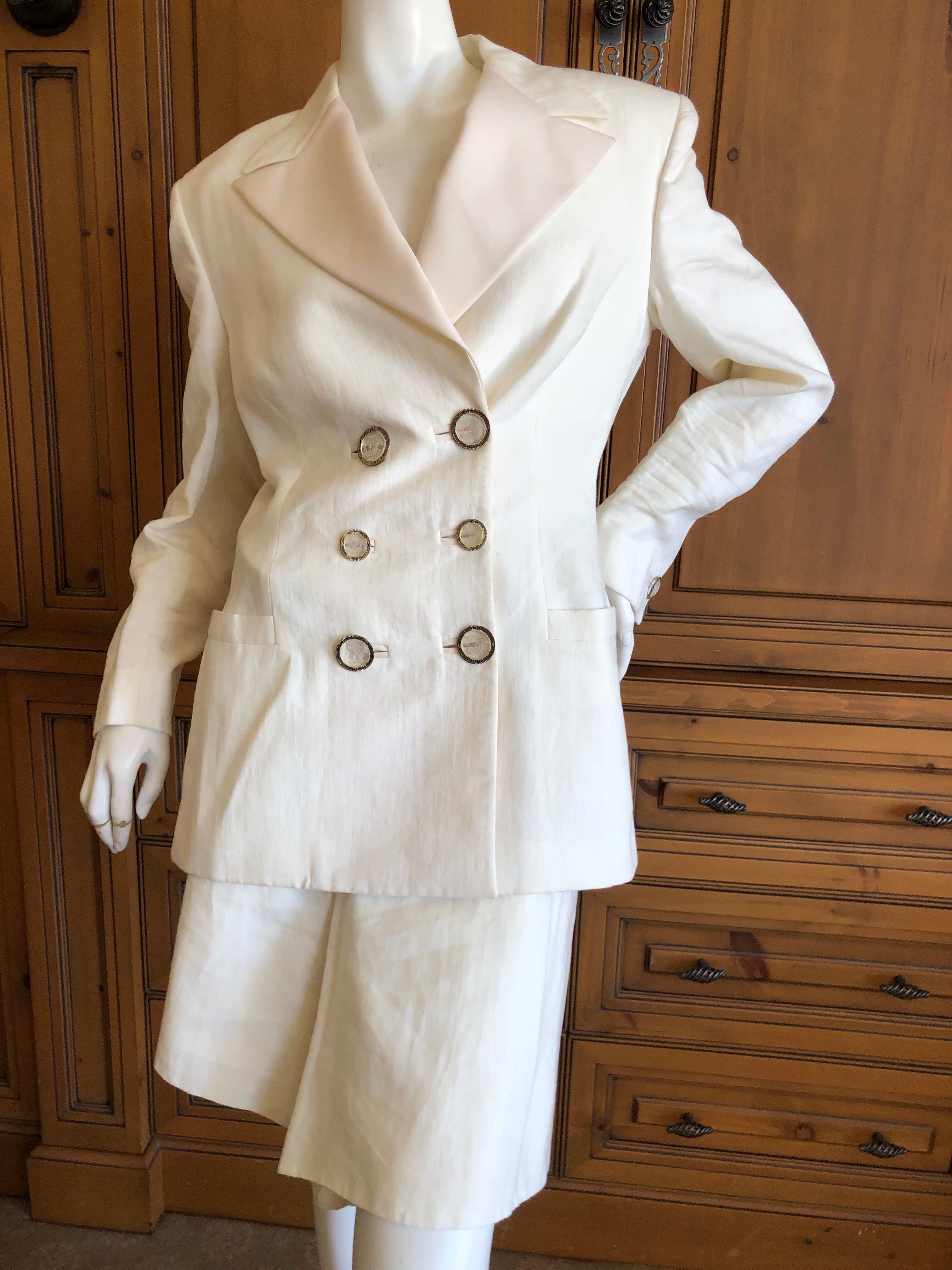 Women's Gianni Versace Couture Fall 1992 Ivory Linen Tuxedo Suit w Corset Stay Details For Sale