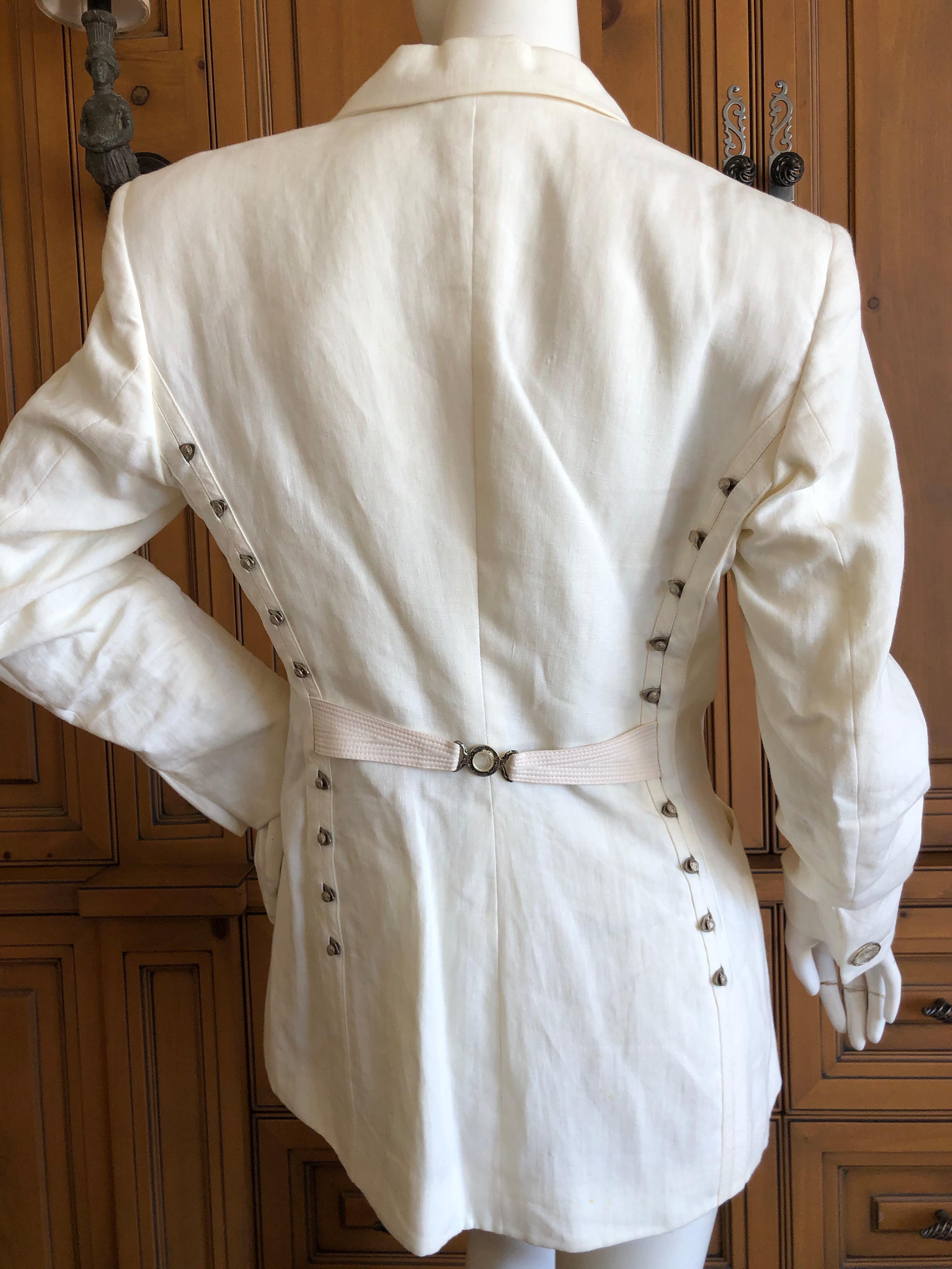 Gianni Versace Couture Fall 1992 Ivory Linen Tuxedo Suit w Corset Stay Details In Excellent Condition For Sale In Cloverdale, CA