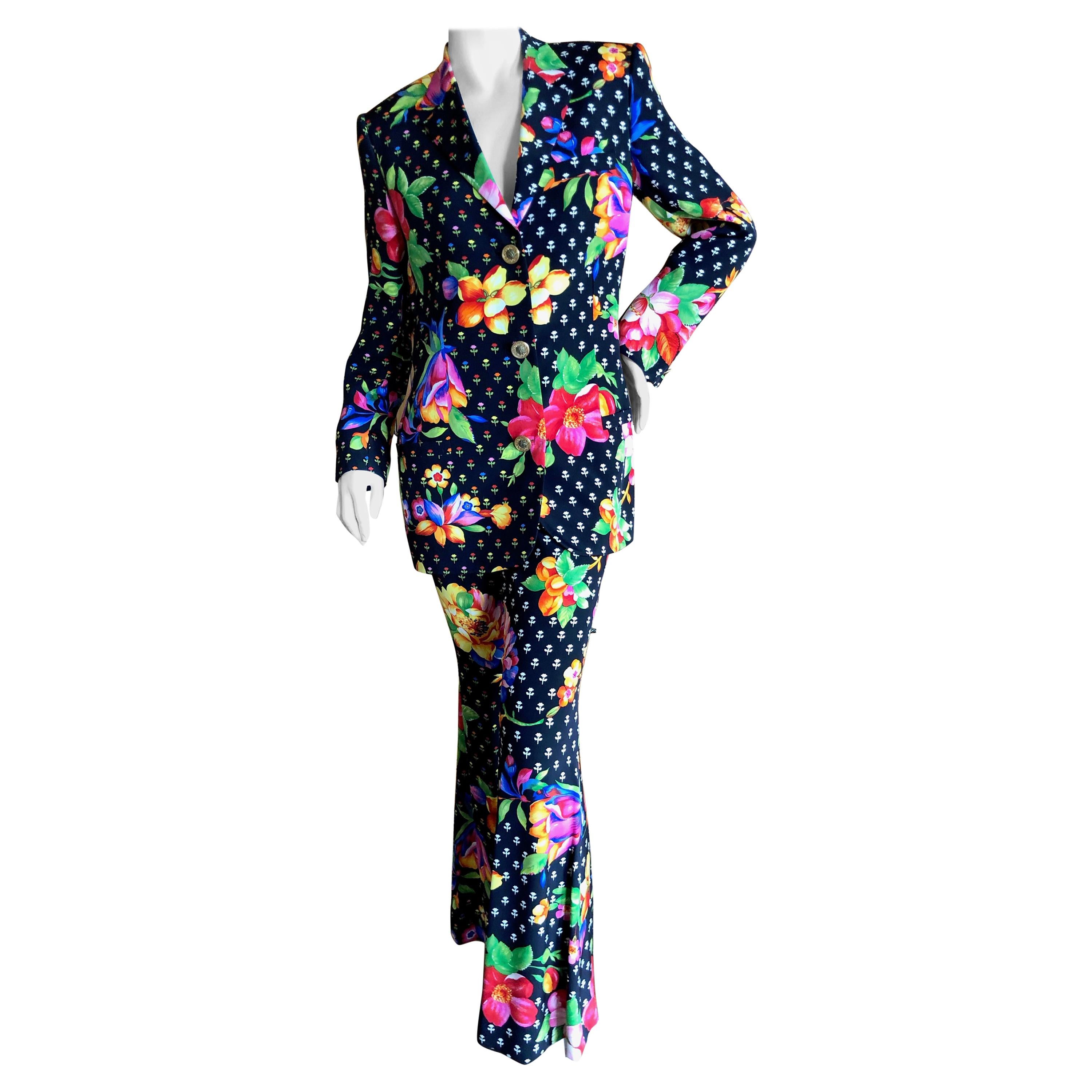 Gianni Versace Couture Fall 1992 Silk Floral Bell Bottom Pant Suit For Sale