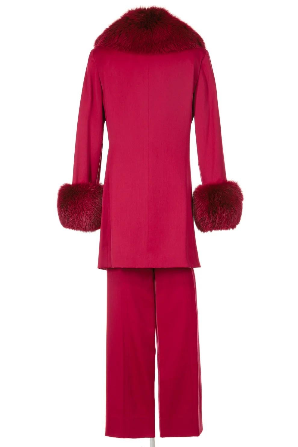Red Gianni Versace Couture Fall 1998 Fox Fur Trimmed Pant Suit