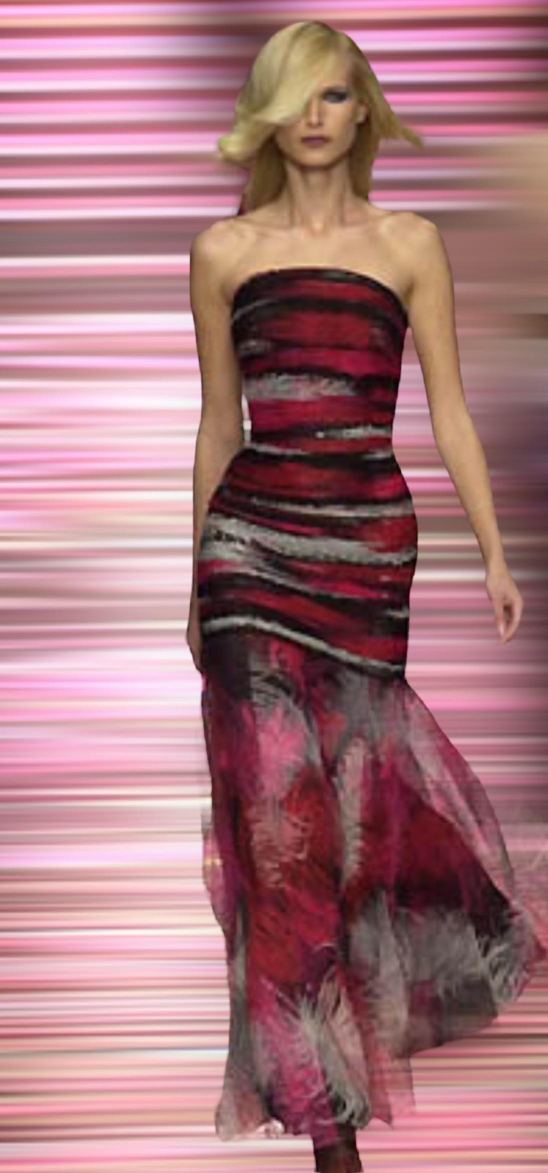 Gianni Versace Couture FW 2001 Feather Print Mesh Evening Gown Maxi Dress For Sale 5