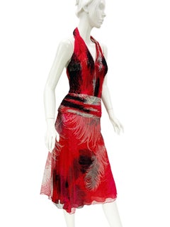 Gianni Versace Couture FW 2001 Red Silk Tulle Feather Printed Cocktail Dress 40