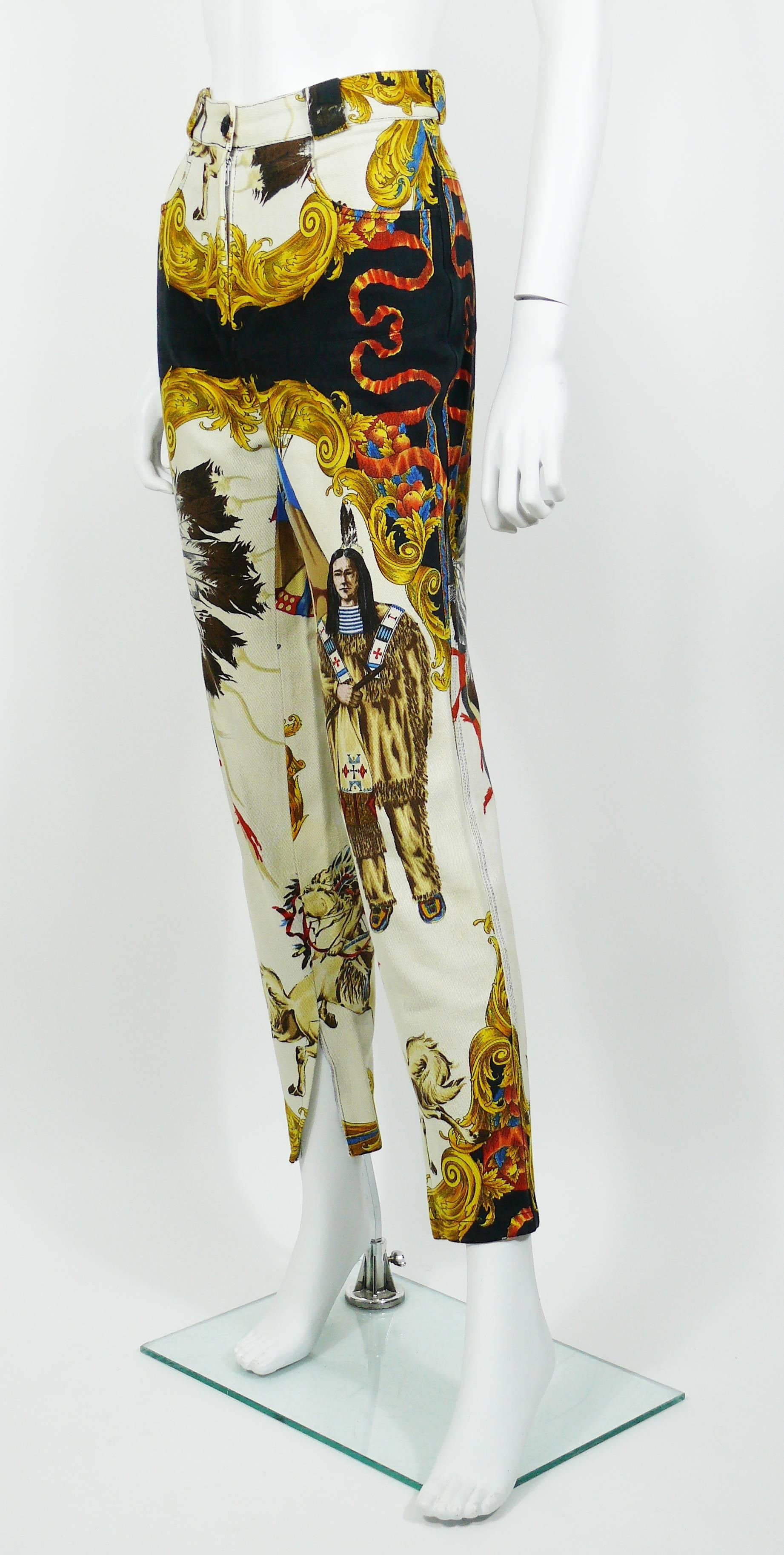 Beige Gianni Versace Couture Native American Print Cotton Denim Jeans, F / W 92 / 93 For Sale