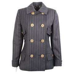 Gianni Versace Couture Jacket Military Style Blazer Gray Pinstripe Vintage 90s 