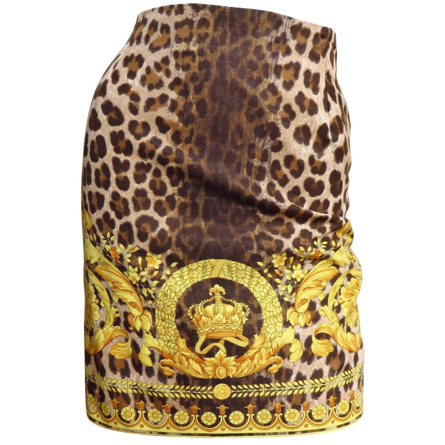  Gianni Versace Couture Leopard Baroque Print Skirt 1990s