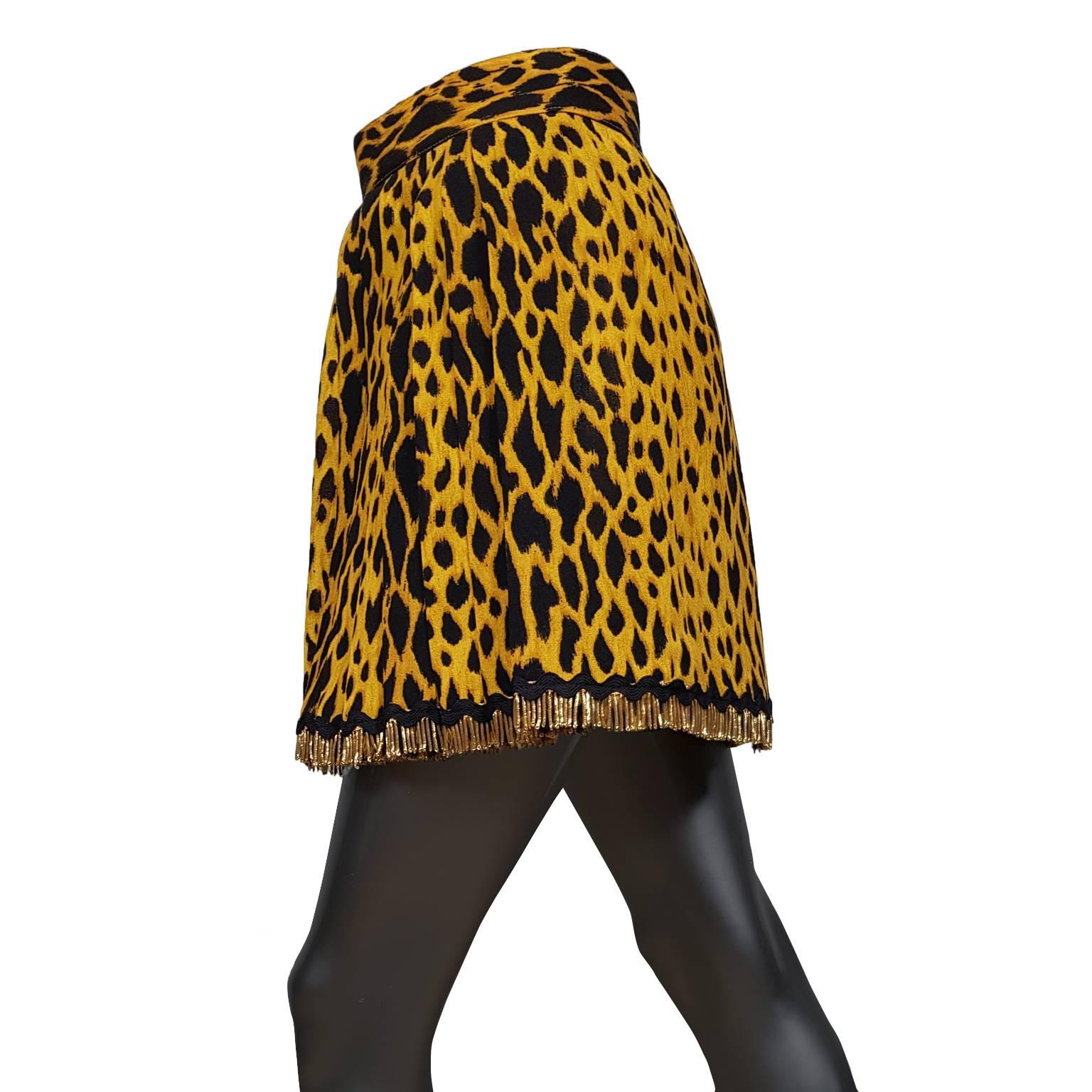 Black Gianni Versace Couture Leopard Golden Fringe Skirt 1990s. For Sale