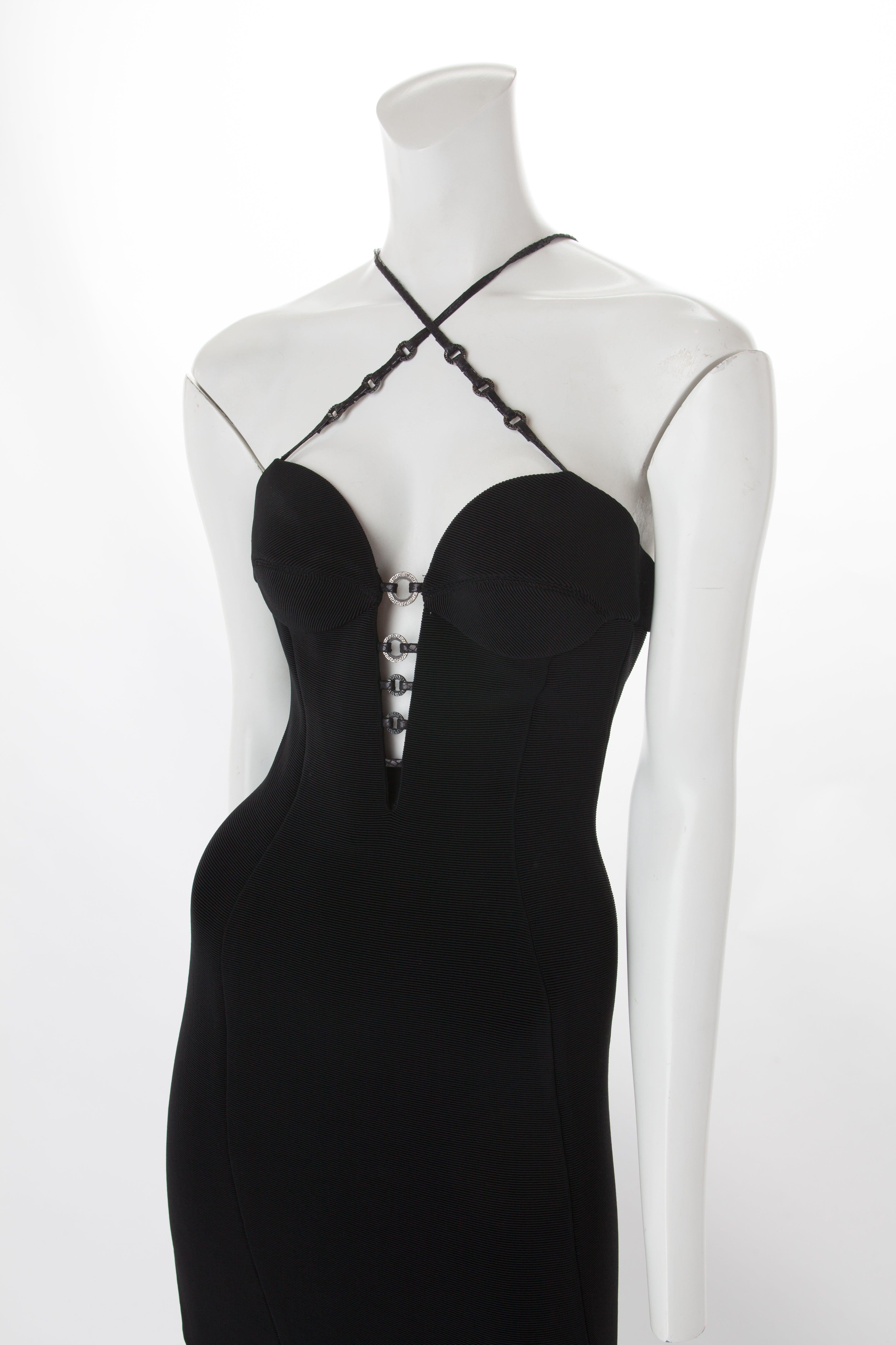 Gianni Versace Couture Long Black Bodycon Dress with Metal Ring Detail, 1995. In Good Condition In New York, NY
