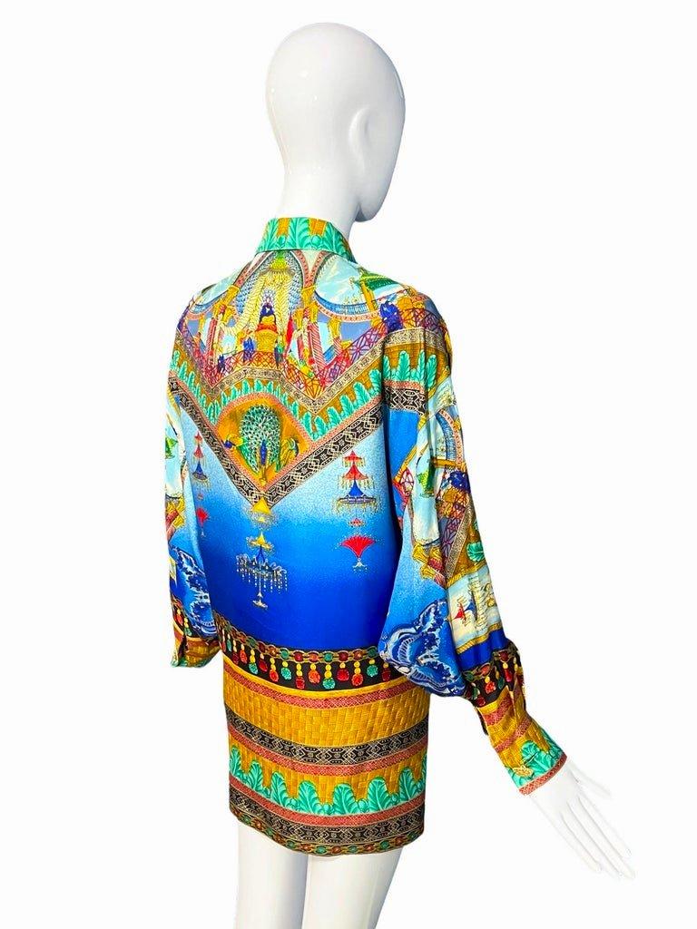 Women's Gianni Versace Couture Marco Polo Peacock Silk Shirt 1992 