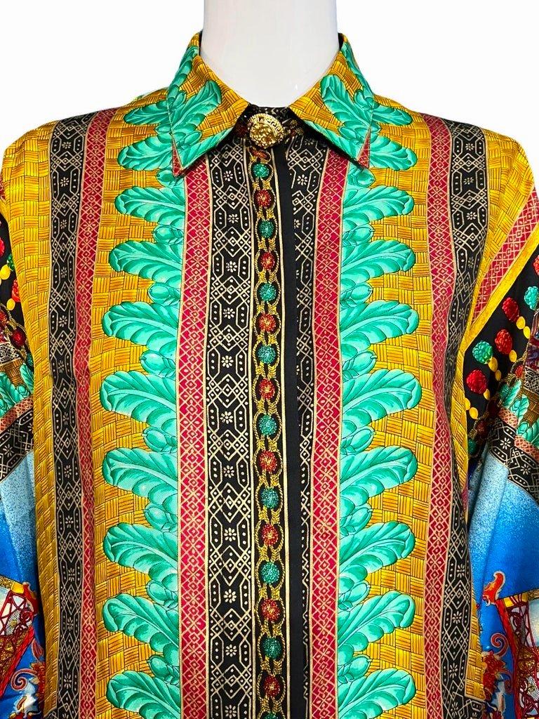 Brown Gianni Versace Couture Marco Polo Peacock Silk Shirt 1992 