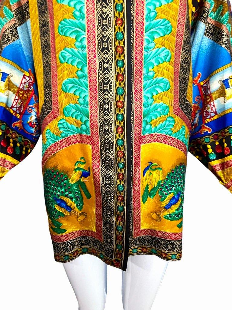 Gianni Versace Couture Marco Polo Peacock Silk Shirt 1992  In Excellent Condition In Concord, NC