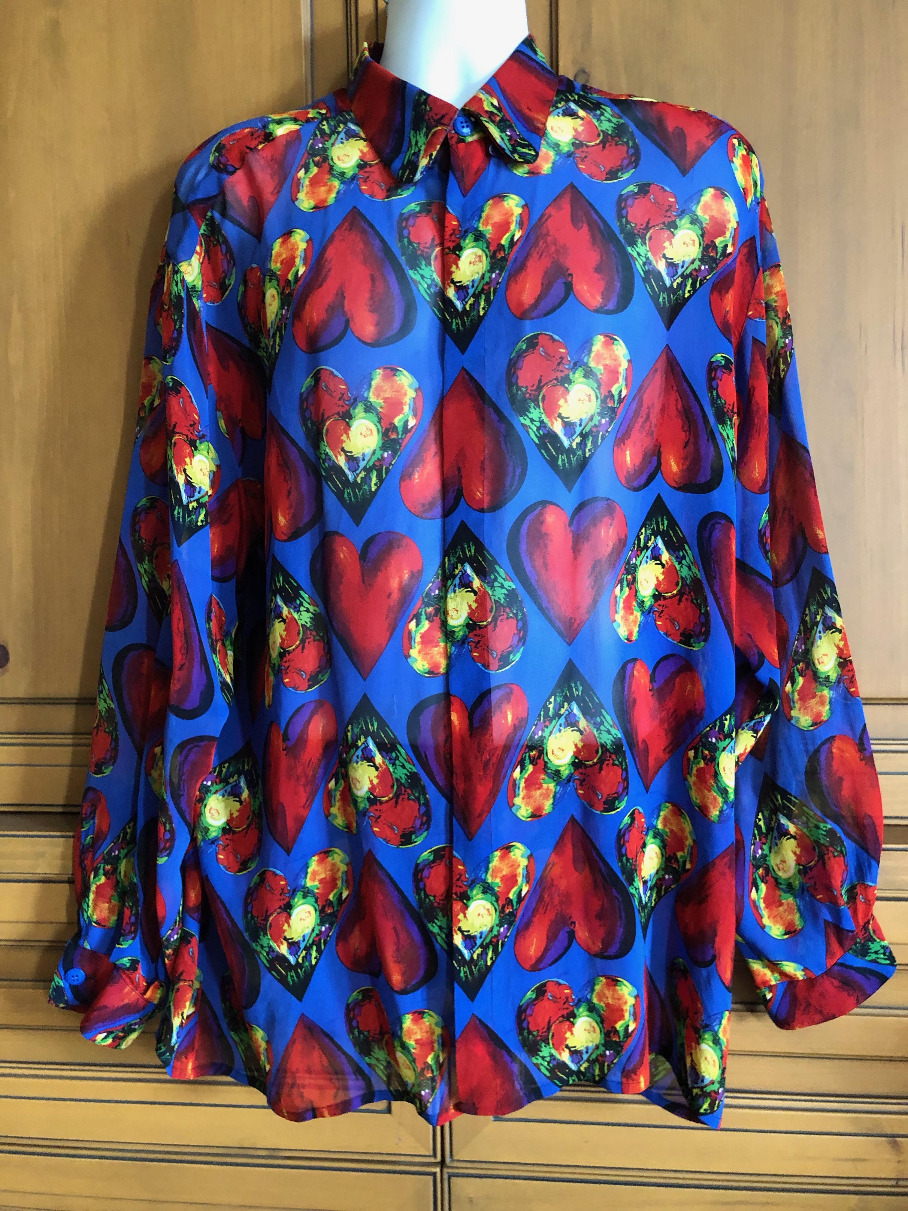 Gianni Versace Couture Men’s Sheer Silk Shirt 1997 Jim Dine Heart Print
This is such a beautiful piece a classic. Original buttons are intact.
Marked size 56, but runs very large, more like XXL
Measurements ;
Chest 55